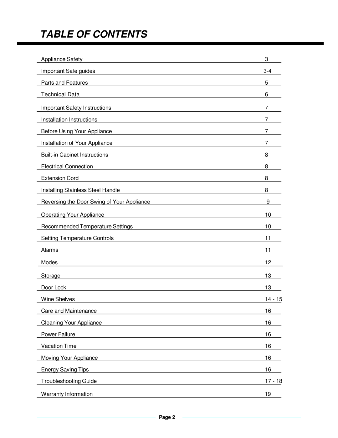 Whynter BWR-281DZ, BWR-461DZ instruction manual Table of Contents 