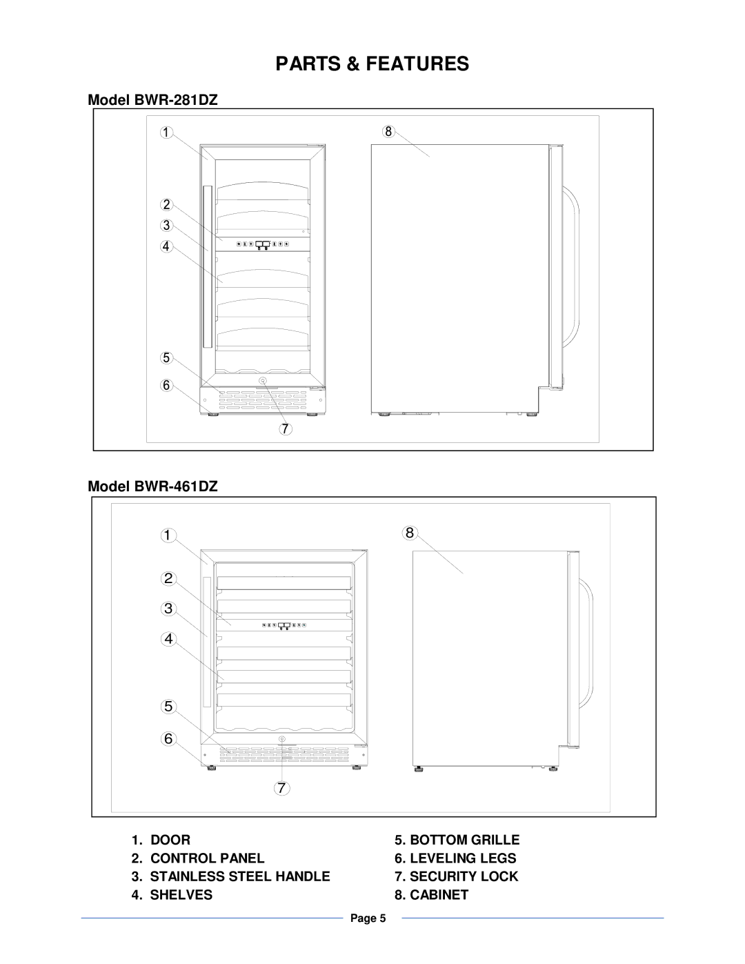 Whynter instruction manual Parts & Features, Model BWR-281DZ Model BWR-461DZ 