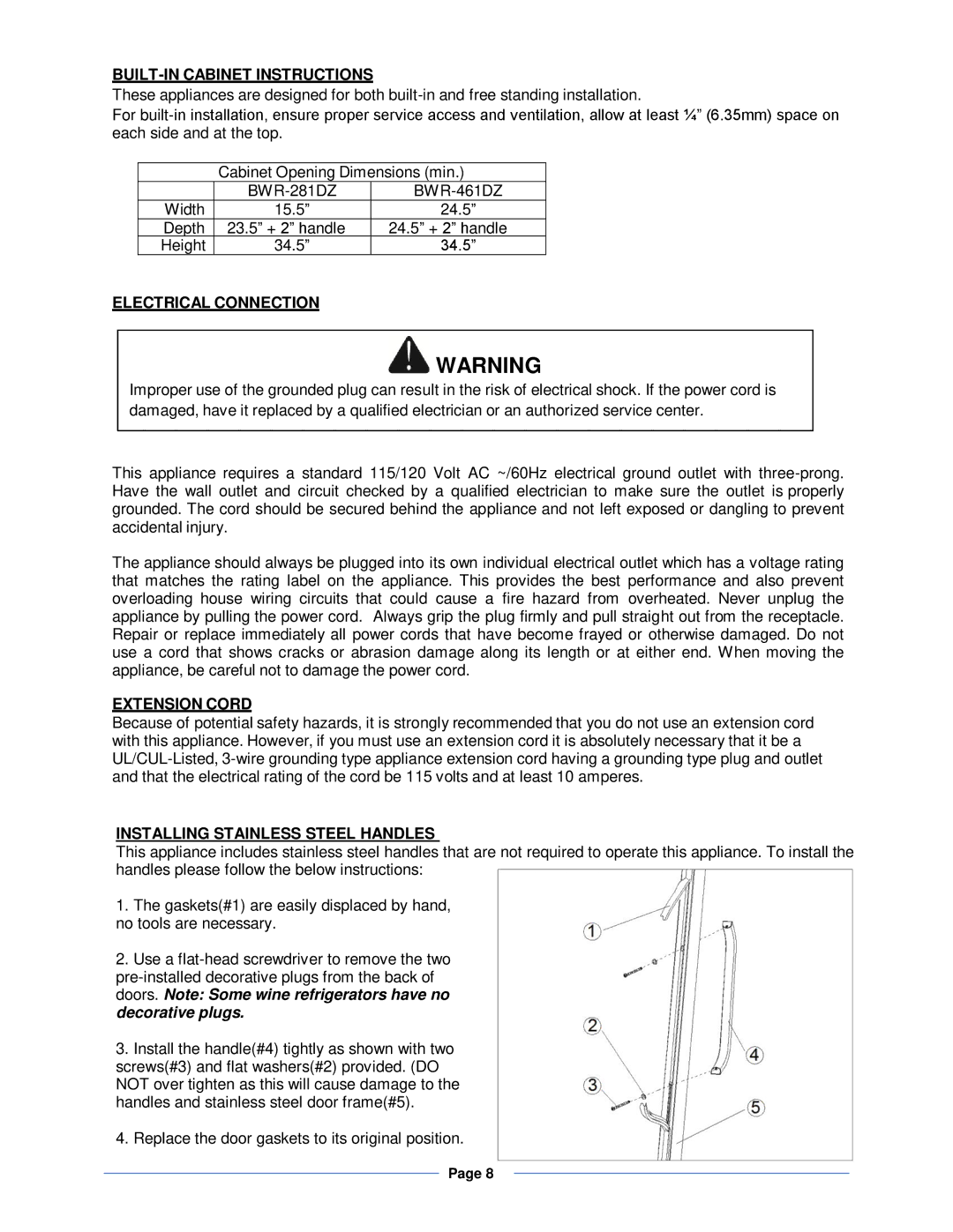 Whynter BWR-281DZ BUILT-IN Cabinet Instructions, Electrical Connection, Extension Cord, Installing Stainless Steel Handles 