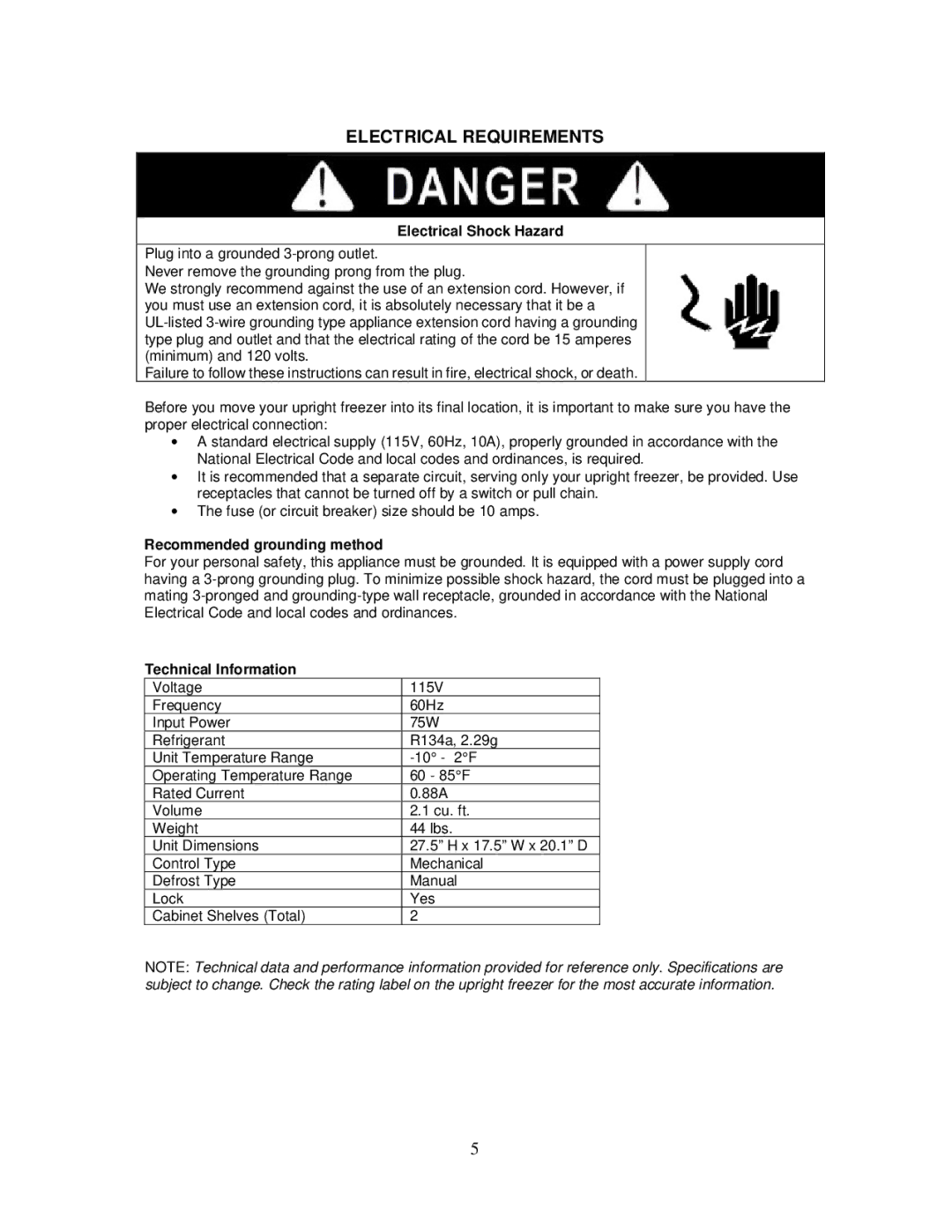 Whynter CUF-210SS Electrical Requirements, Electrical Shock Hazard, Recommended grounding method, Technical Information 