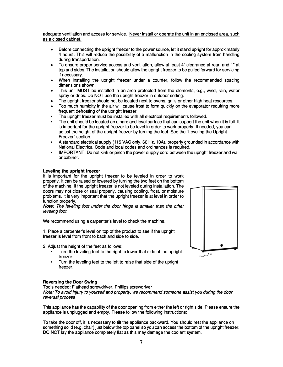 Whynter CUF-210SS instruction manual Leveling the upright freezer, Reversing the Door Swing 