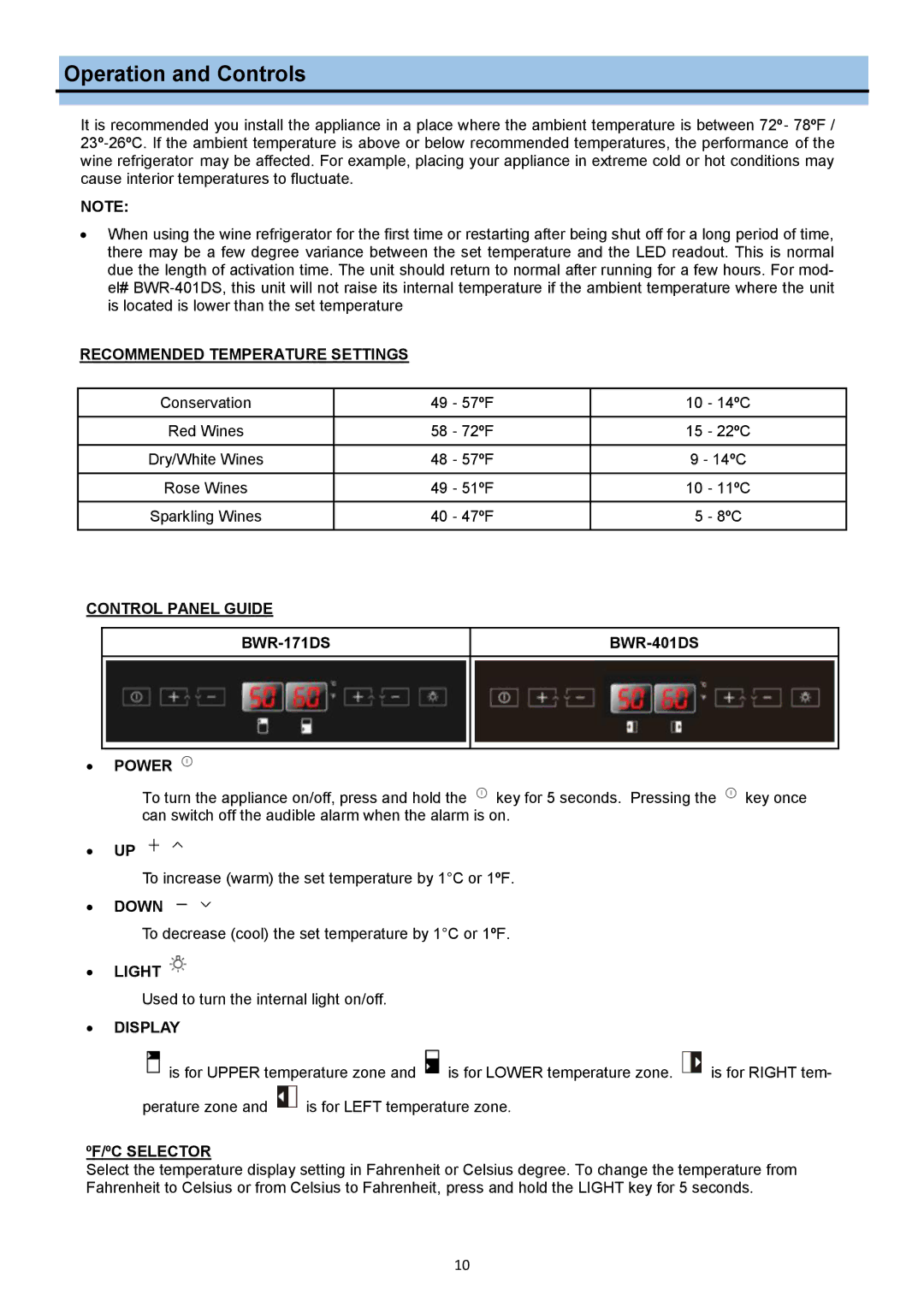 Whynter DWR-401DS, BWR-171DS manual Operation and Controls 