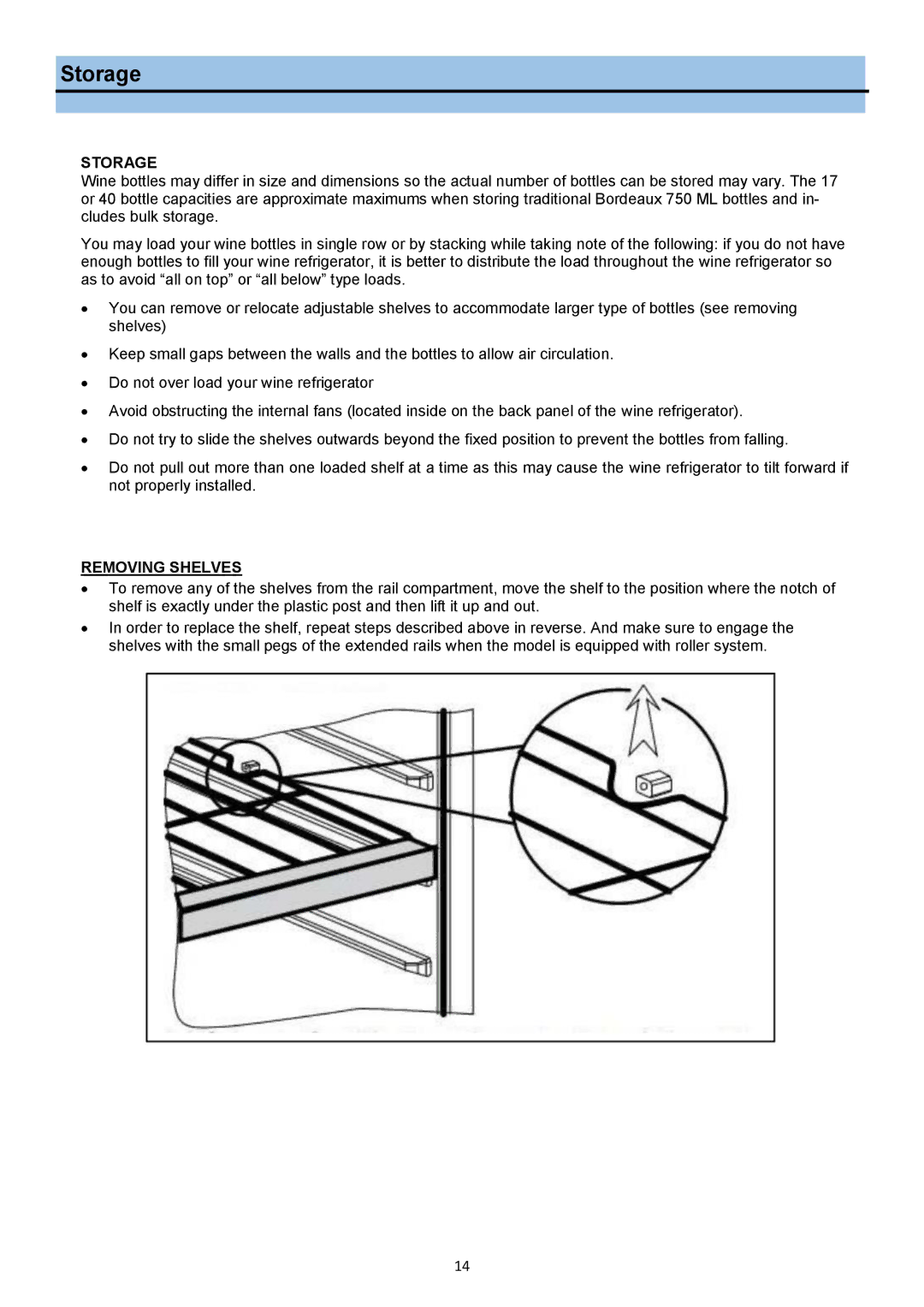 Whynter DWR-401DS, BWR-171DS manual Storage, Removing Shelves 