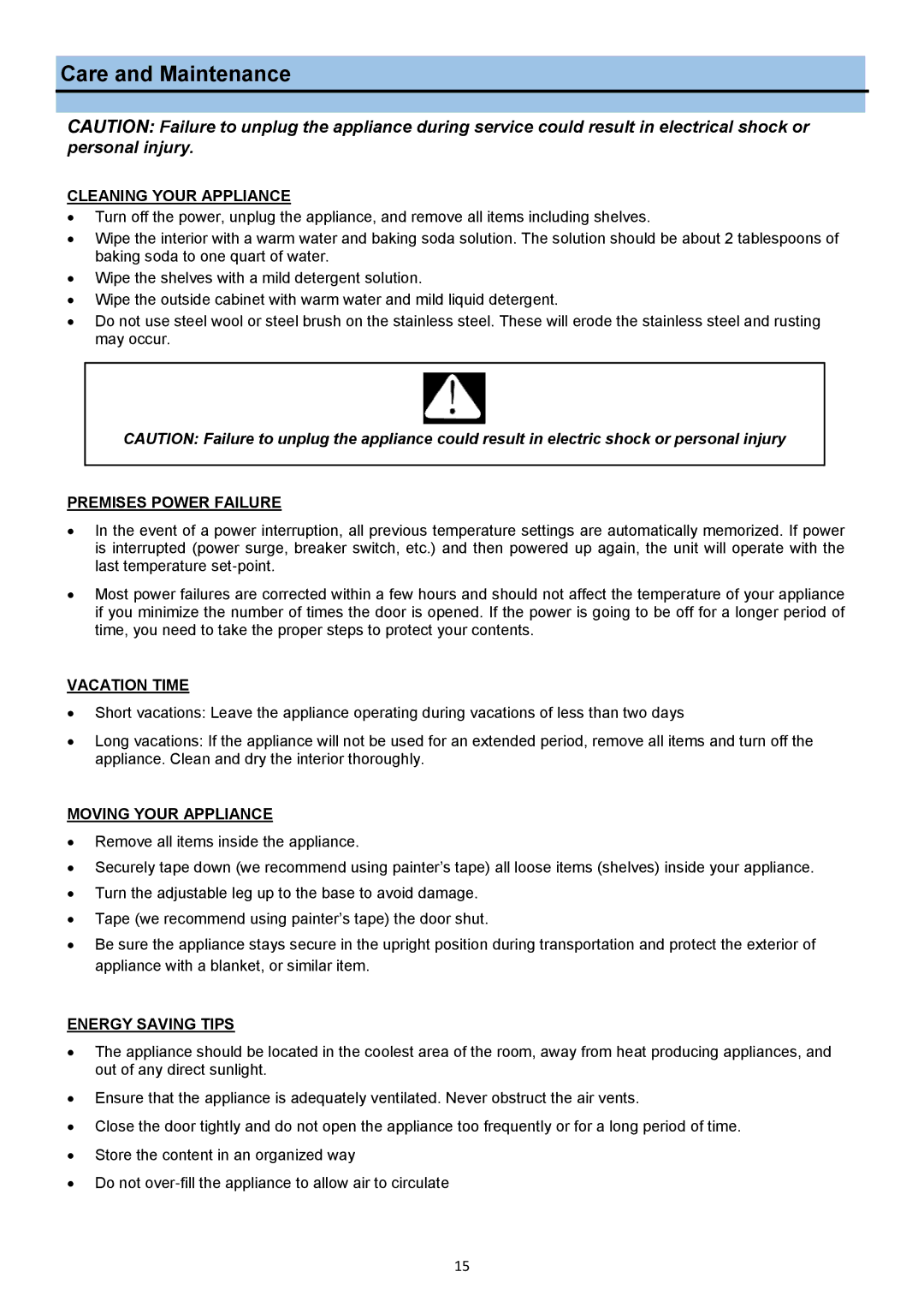 Whynter BWR-171DS, DWR-401DS manual Care and Maintenance 