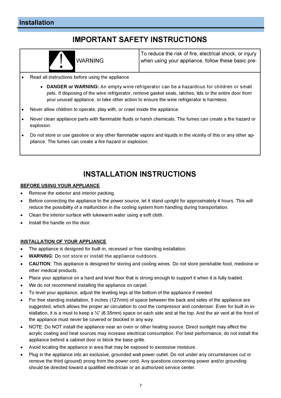 Whynter BWR-171DS, DWR-401DS manual Before Using Your Appliance, Installation of Your Appliance 