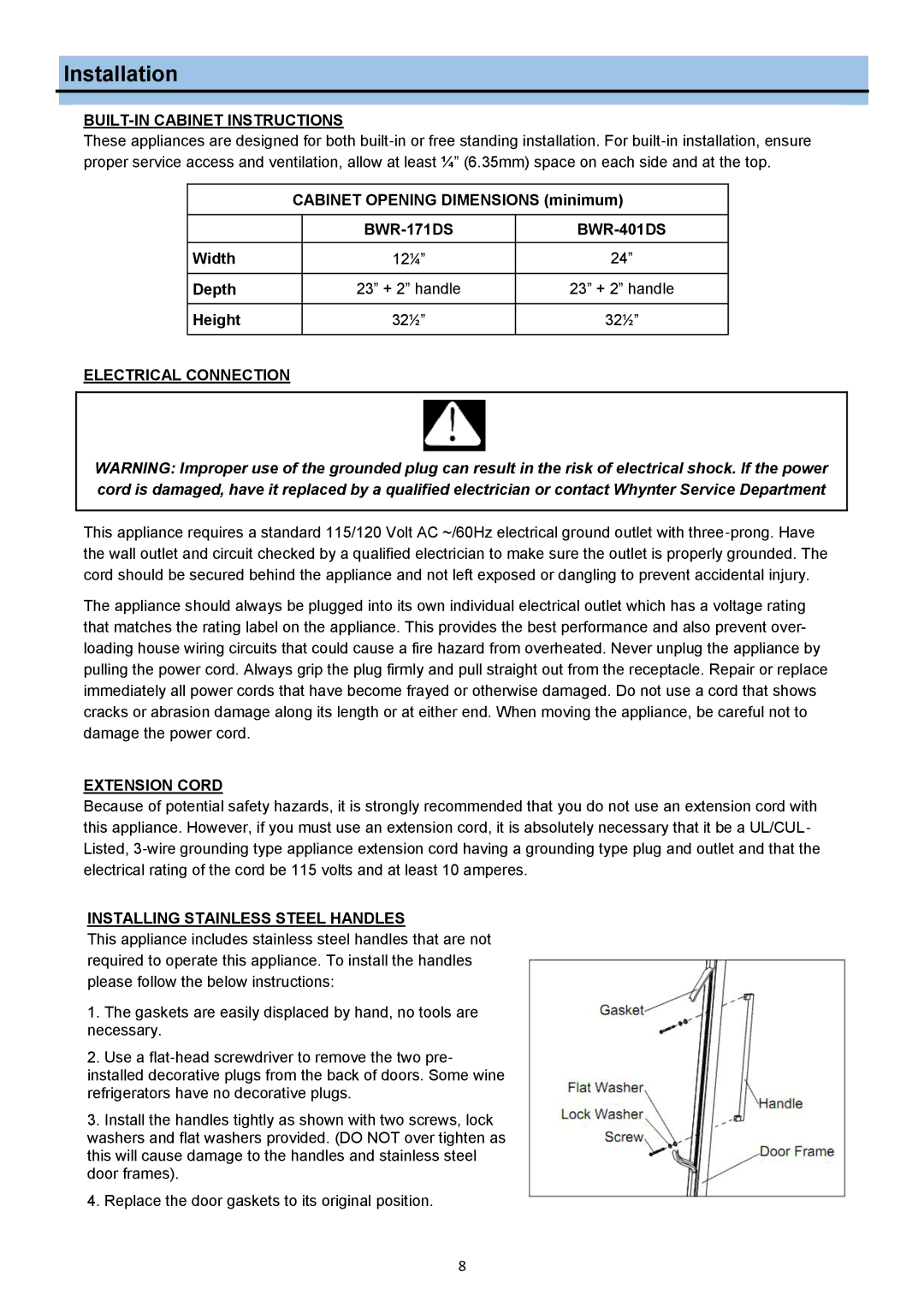 Whynter DWR-401DS manual BUILT-IN Cabinet Instructions, BWR-171DS BWR-401DS, Electrical Connection, Extension Cord 