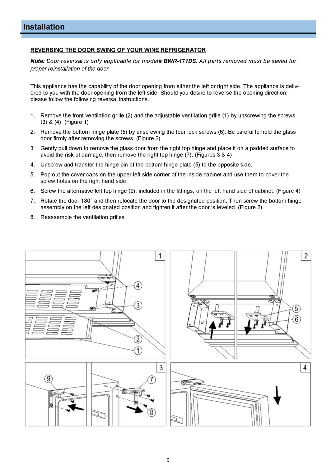 Whynter BWR-171DS, DWR-401DS manual Reversing the Door Swing of Your Wine Refrigerator 