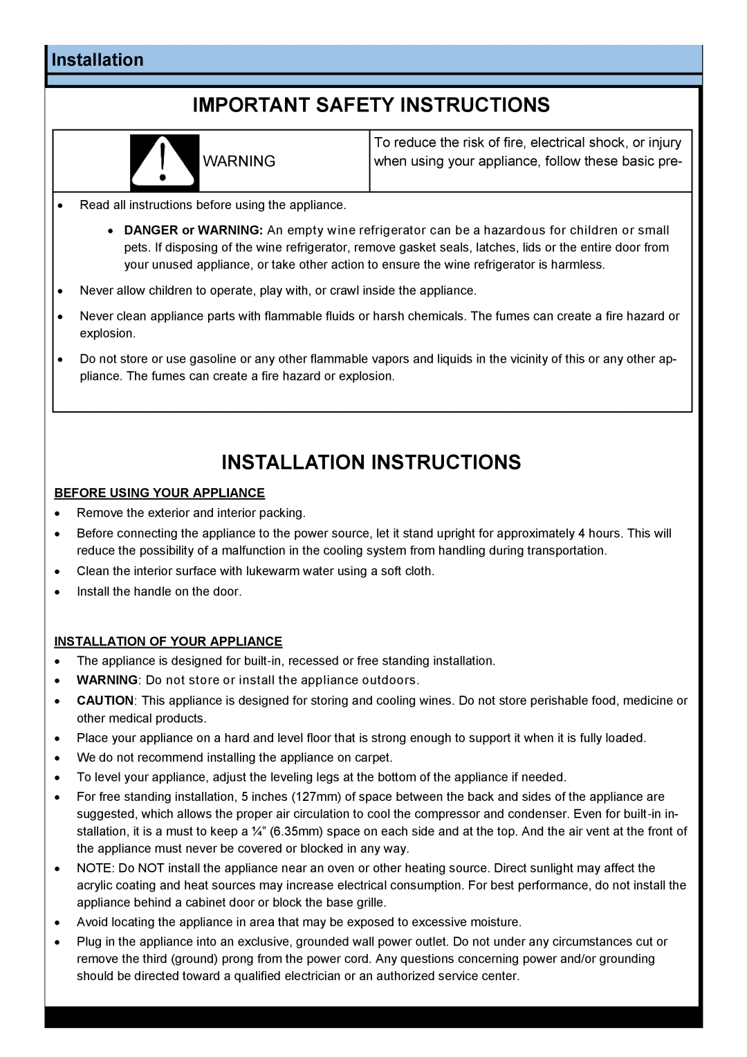 Whynter BWR-171DS, DWR-401DS manual Important Safety Instructions, Installation Instructions, Before Using Your Appliance 