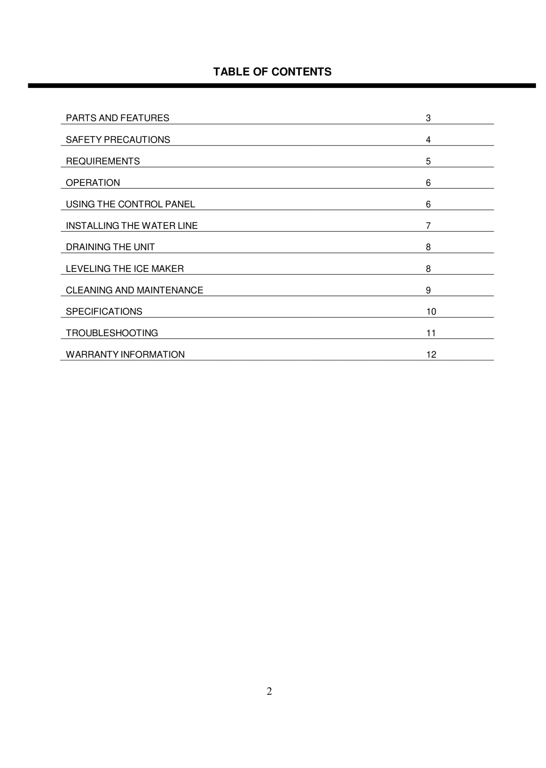 Whynter FIM-450HS instruction manual Table of Contents 