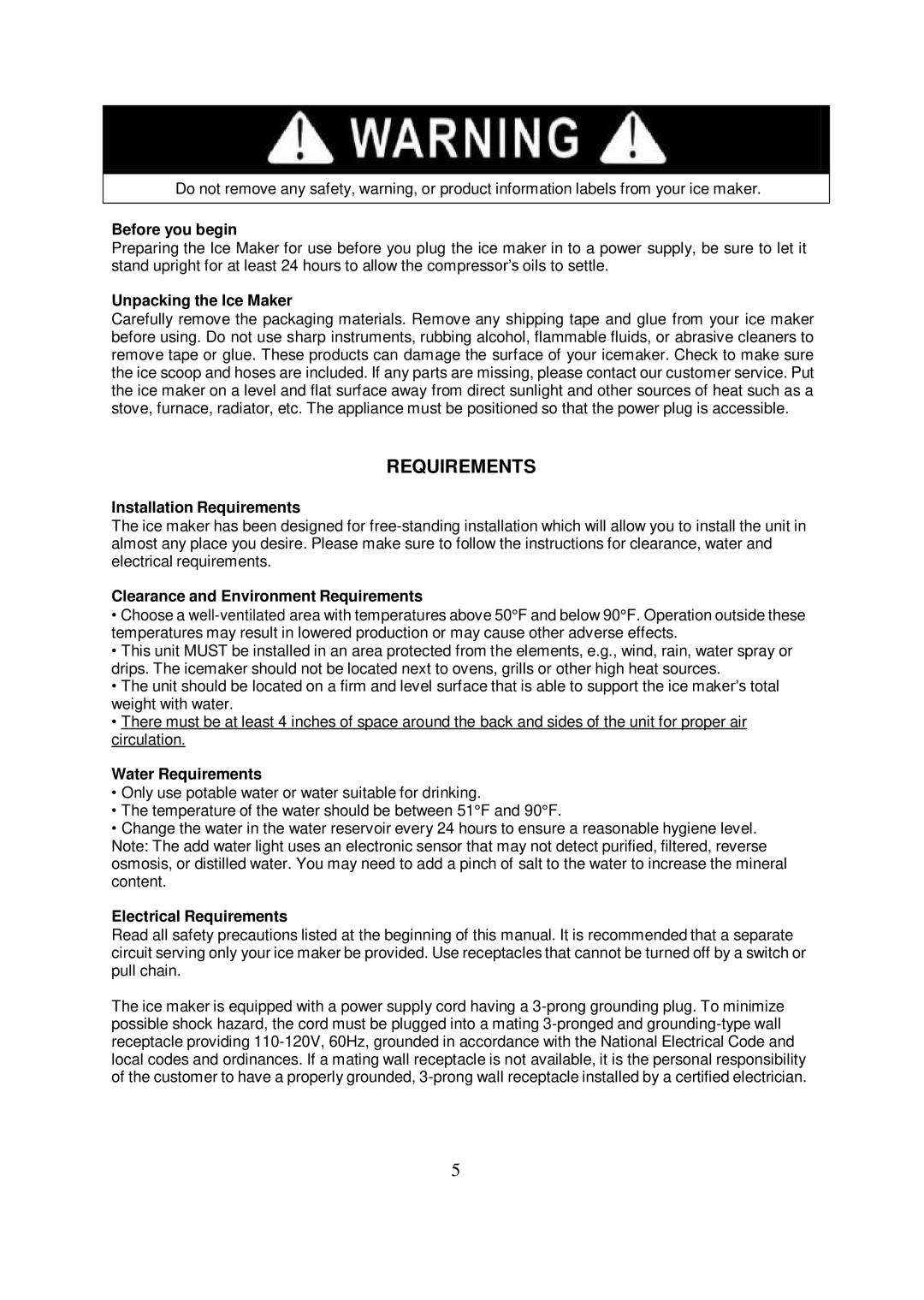 Whynter FIM-450HS instruction manual Requirements 