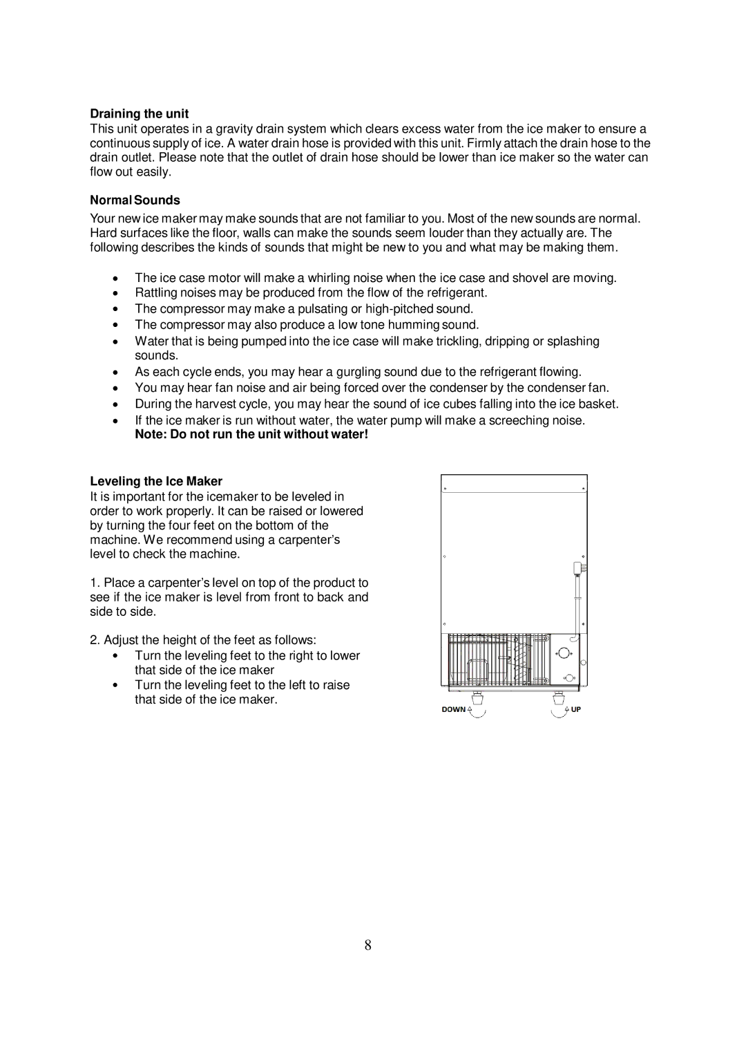 Whynter FIM-450HS instruction manual Draining the unit, Normal Sounds, Leveling the Ice Maker 