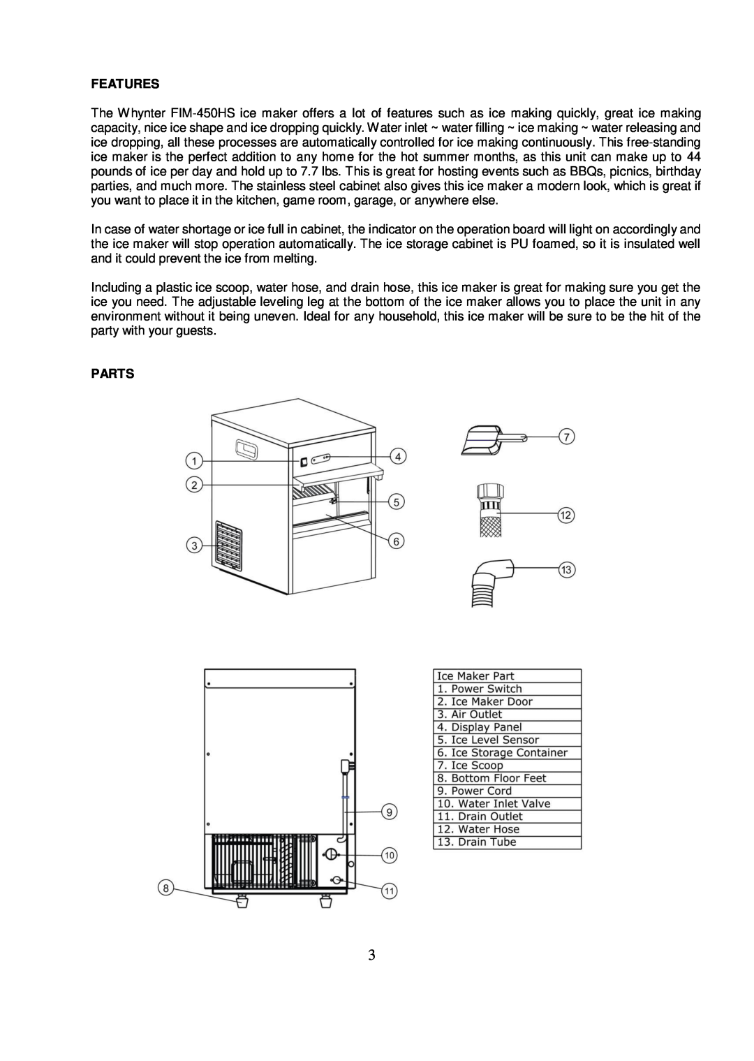 Whynter FIM-450HS instruction manual Features, Parts 