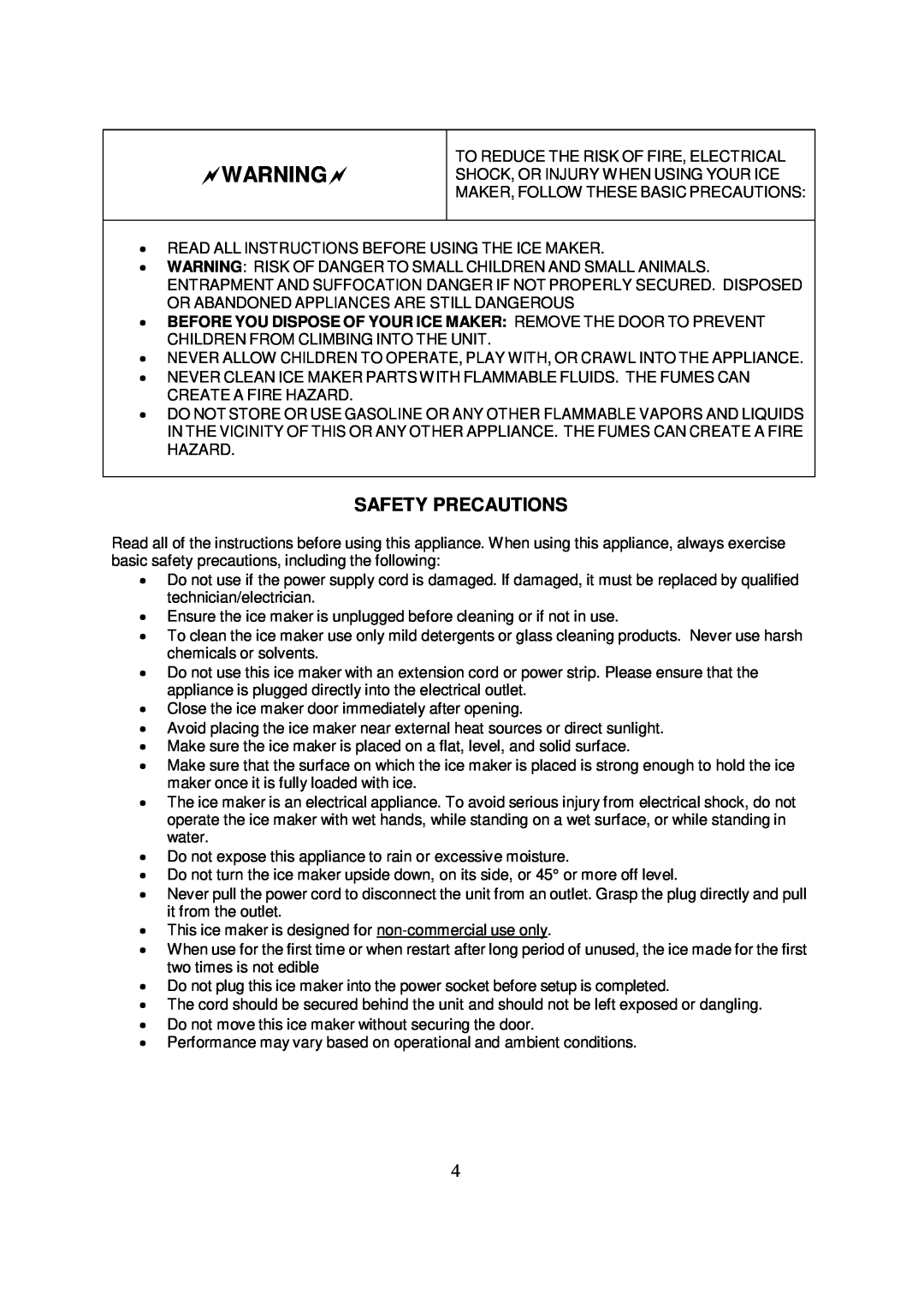 Whynter FIM-450HS instruction manual Warning, Safety Precautions 