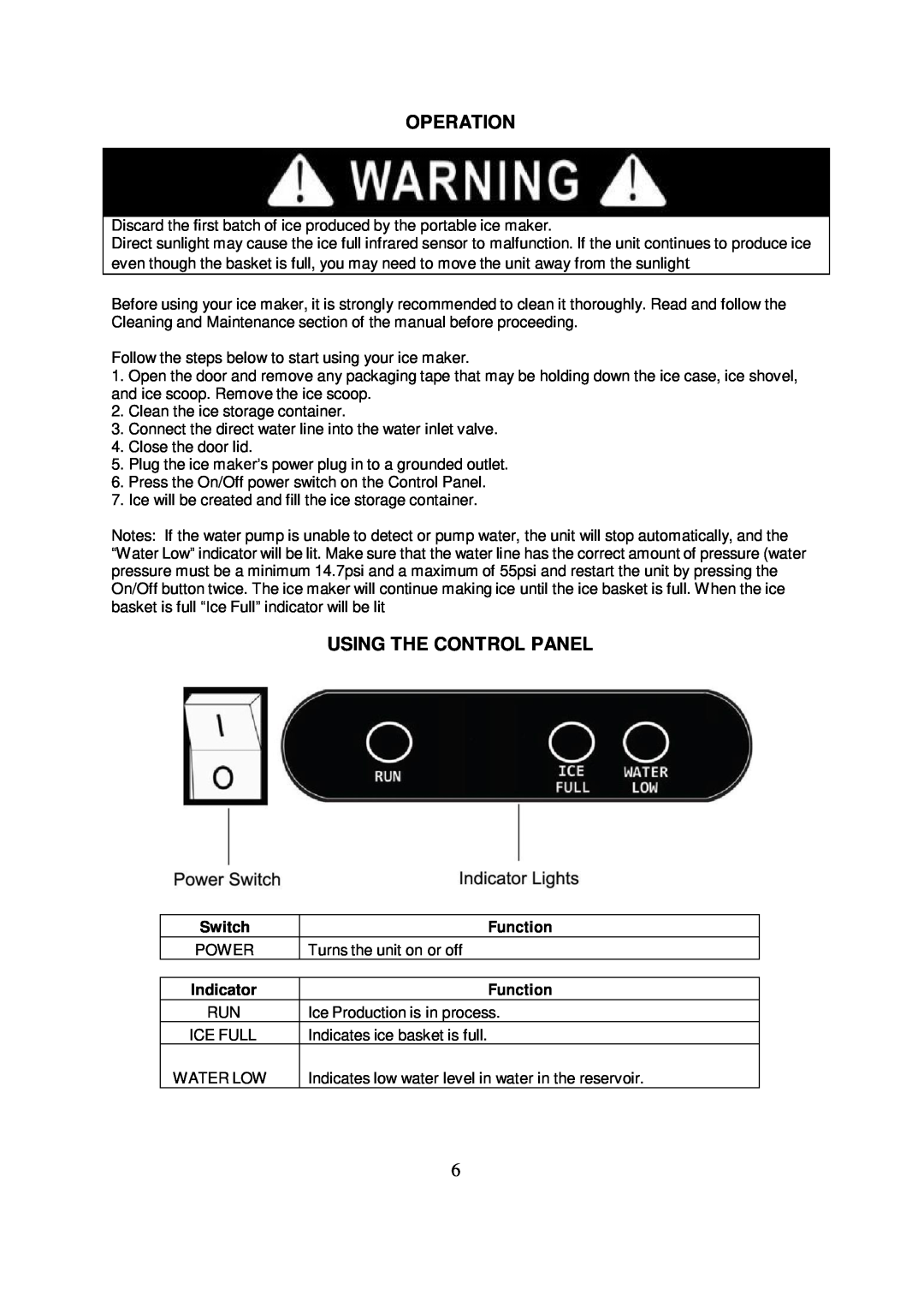 Whynter FIM-450HS instruction manual Operation, Using The Control Panel, Switch, Function, Indicator 