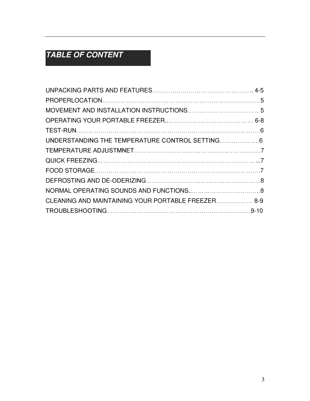 Whynter FM-45G, fm-65g, FM-85G manual Table of Content, Understanding the Temperature Control SETTING………………..6 