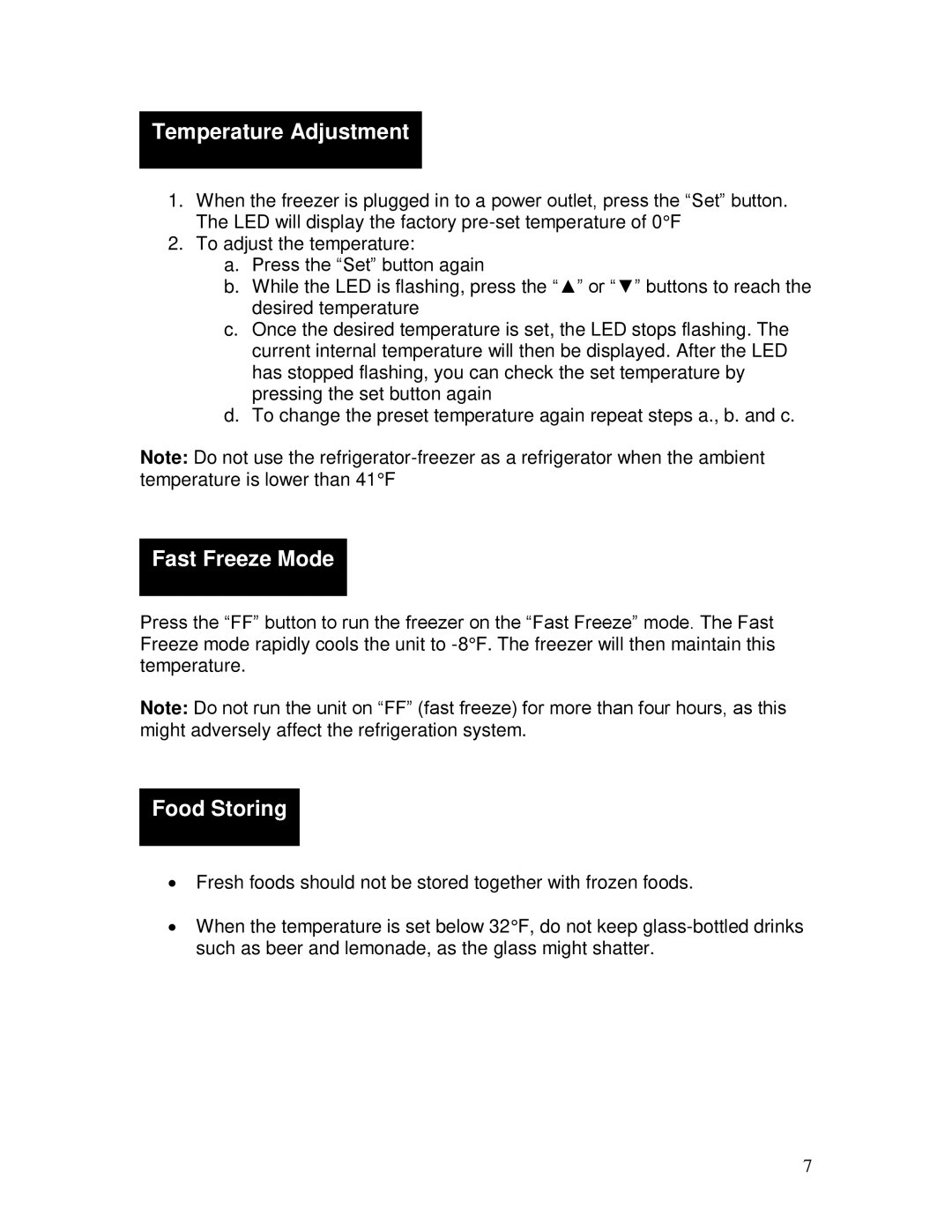 Whynter fm-65g, FM-45G, FM-85G manual Temperature Adjustment, Fast Freeze Mode, Food Storing 
