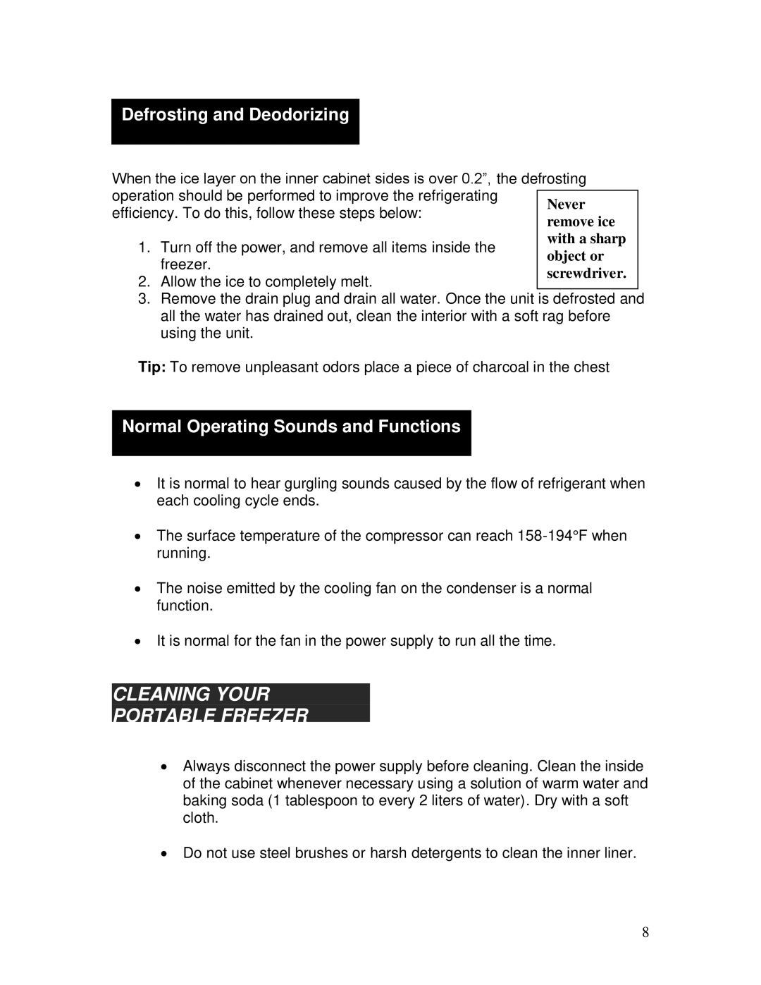 Whynter FM-85G, FM-45G Cleaning Your Portable Freezer, Defrosting and Deodorizing, Normal Operating Sounds and Functions 
