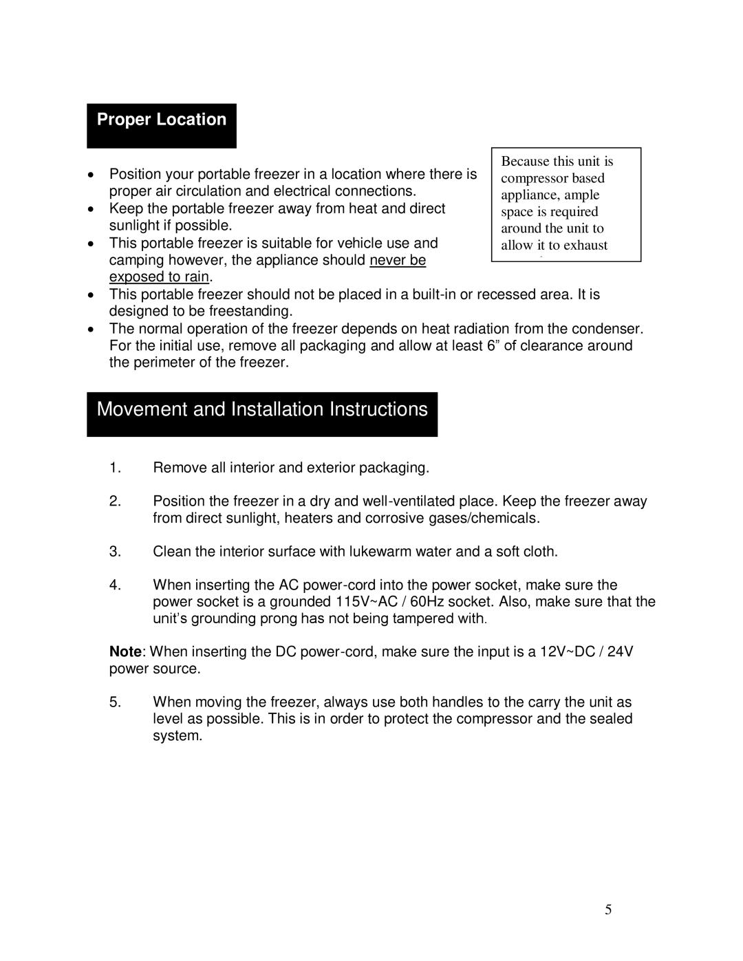 Whynter FM-85G, FM-45G, fm-65g instruction manual Movement and Installation Instructions, Proper Location 