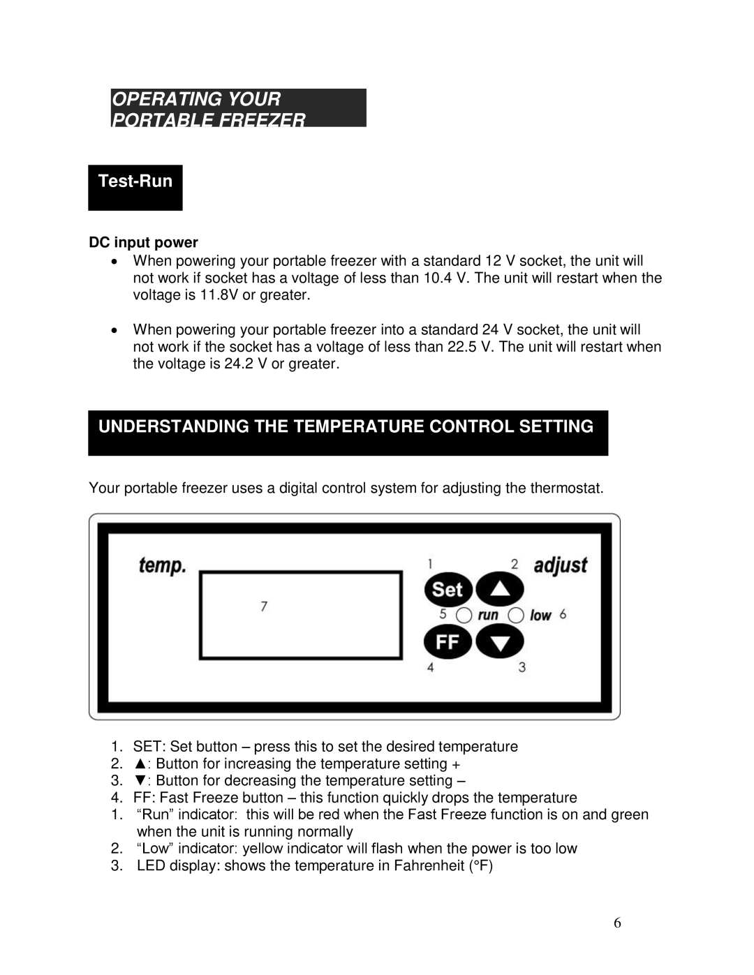 Whynter FM-45G, fm-65g, FM-85G instruction manual Operating Your Portable Freezer, Test-Run 