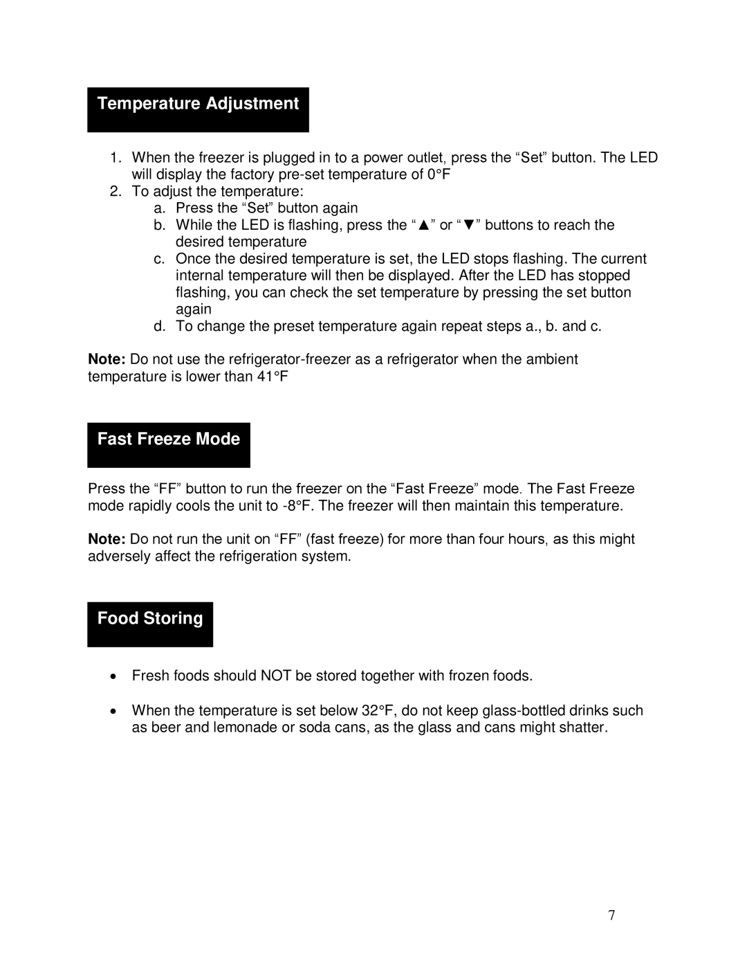 Whynter fm-65g, FM-45G, FM-85G instruction manual Temperature Adjustment, Fast Freeze Mode, Food Storing 