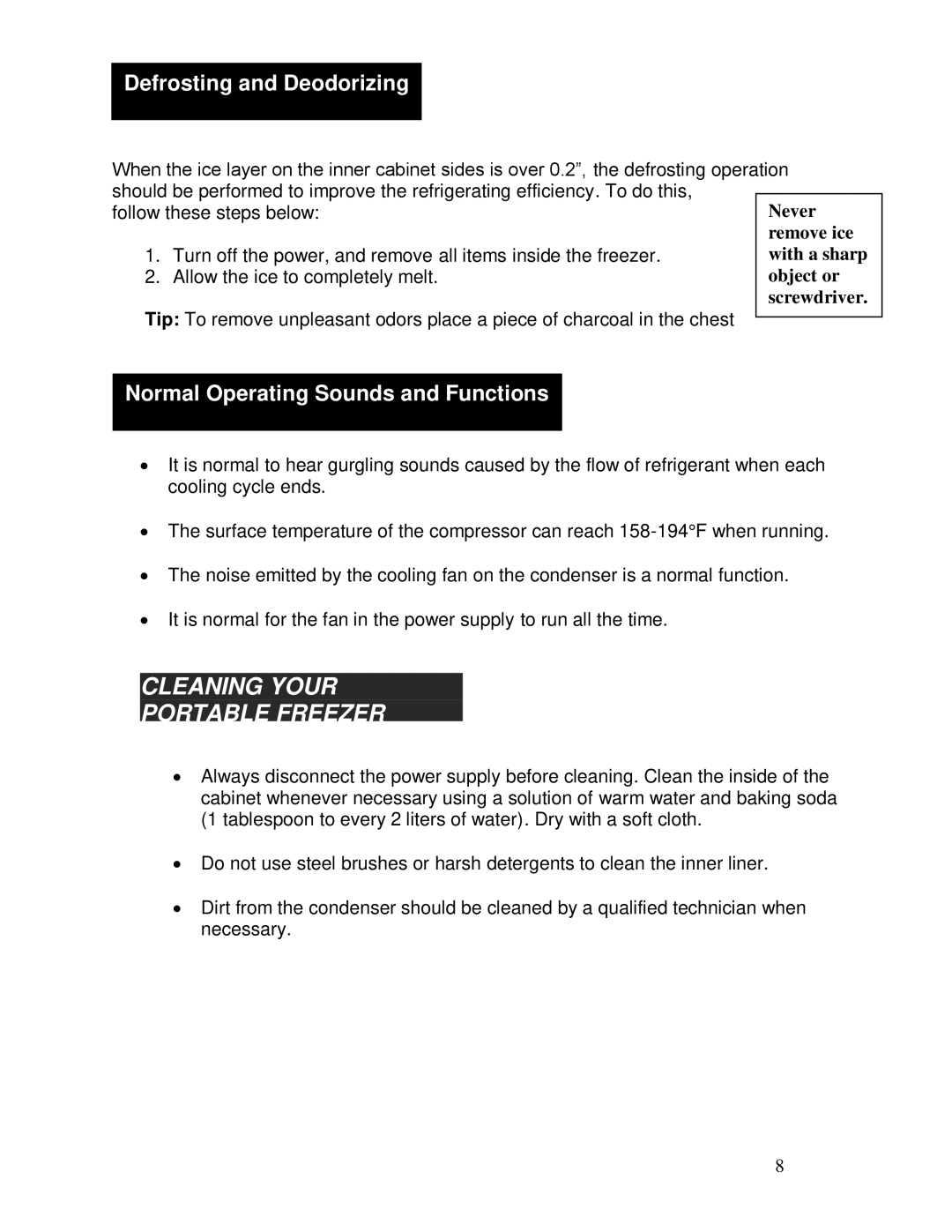 Whynter FM-85G, FM-45G Cleaning Your Portable Freezer, Defrosting and Deodorizing, Normal Operating Sounds and Functions 