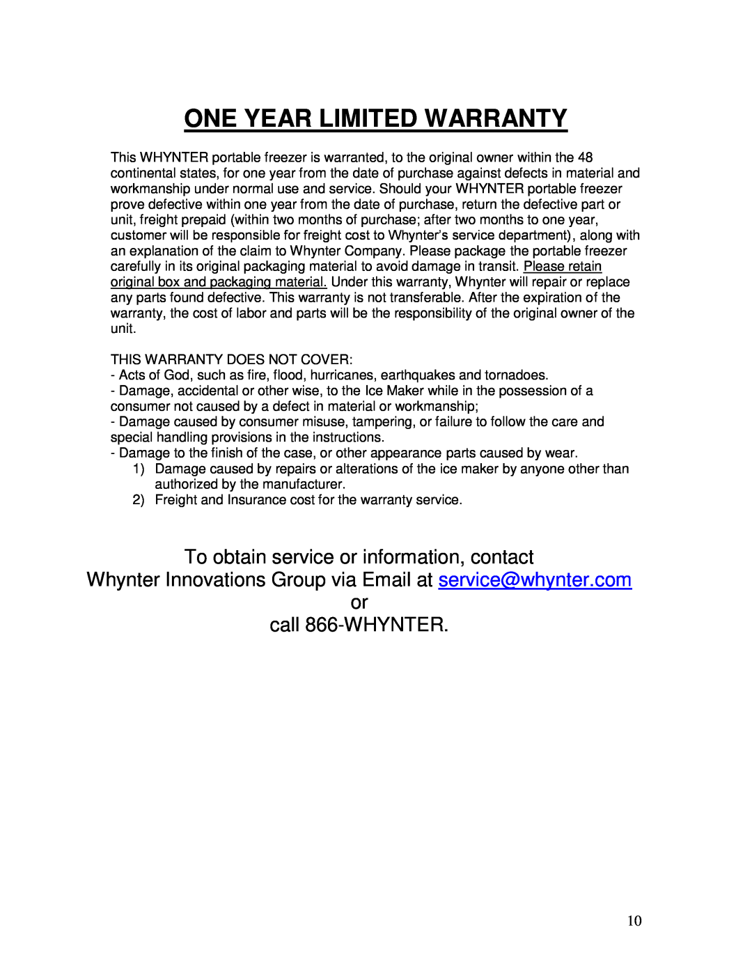 Whynter fm-65g, FM-45G, FM-85G One Year Limited Warranty, To obtain service or information, contact, or call 866-WHYNTER 