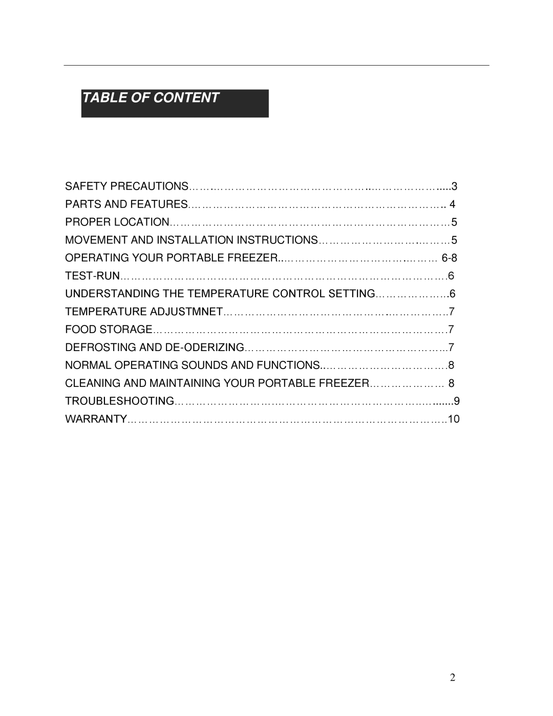 Whynter FM-62DZ instruction manual Table of Content, Understanding the Temperature Control SETTING………………...6 