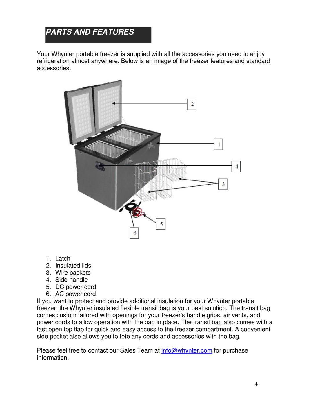 Whynter FM-62DZ instruction manual Parts and Features 