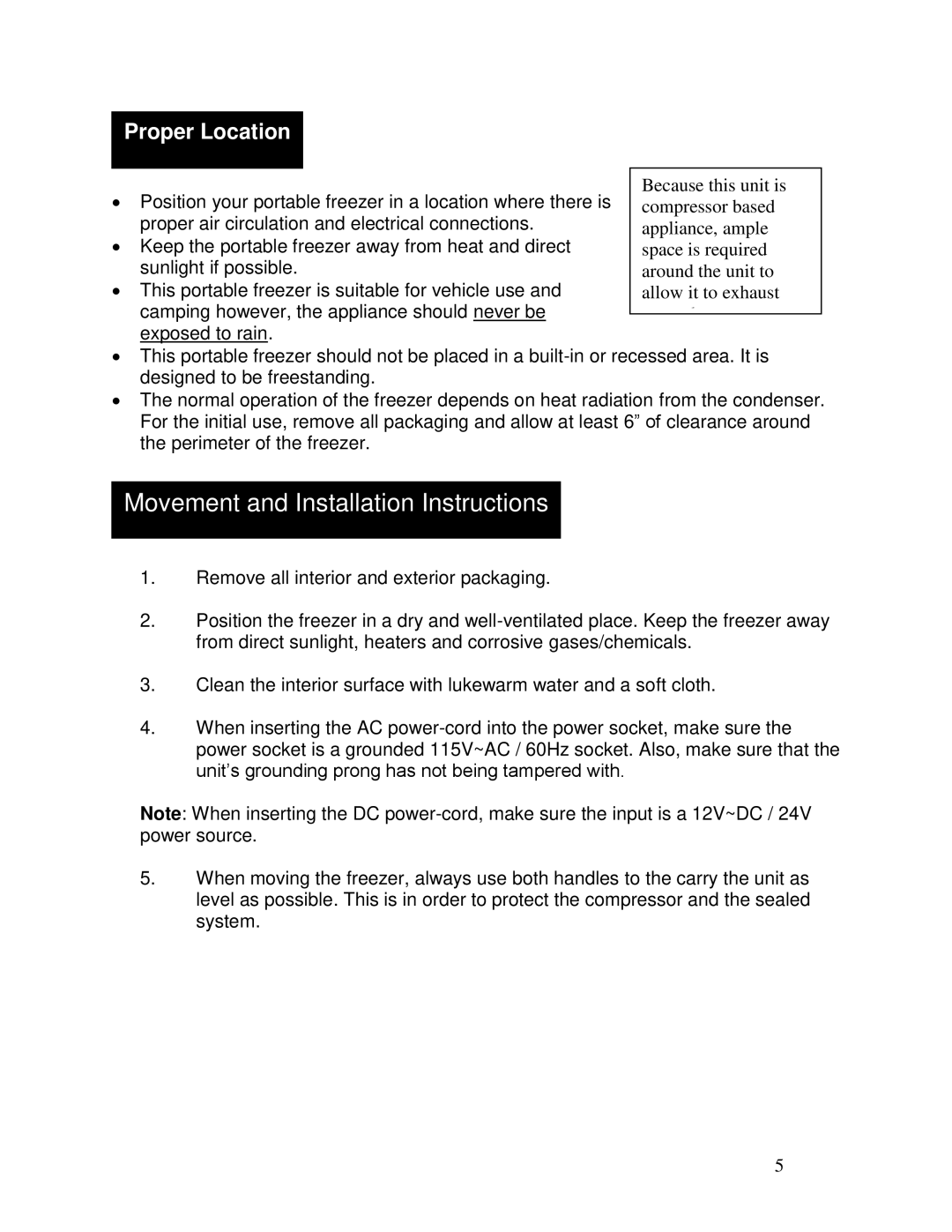 Whynter FM-62DZ instruction manual Movement and Installation Instructions, Proper Location 