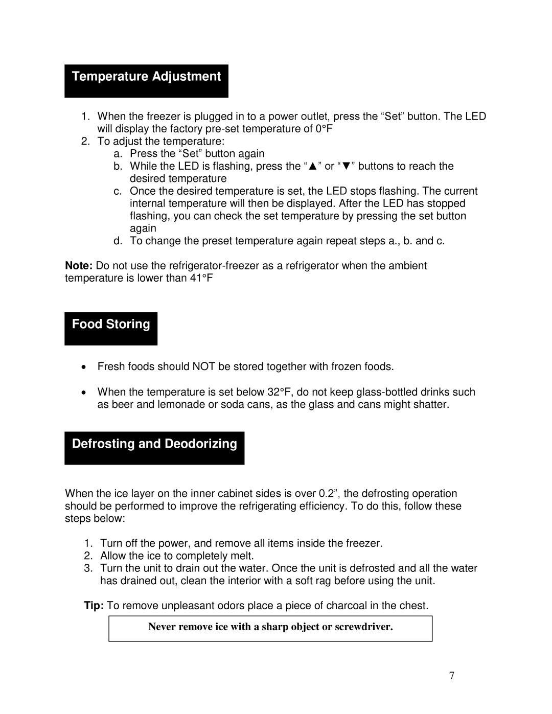 Whynter FM-62DZ instruction manual Temperature Adjustment, Food Storing, Defrosting and Deodorizing 