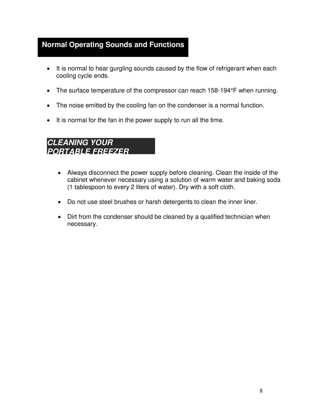 Whynter FM-62DZ instruction manual Cleaning Your Portable Freezer, Normal Operating Sounds and Functions 