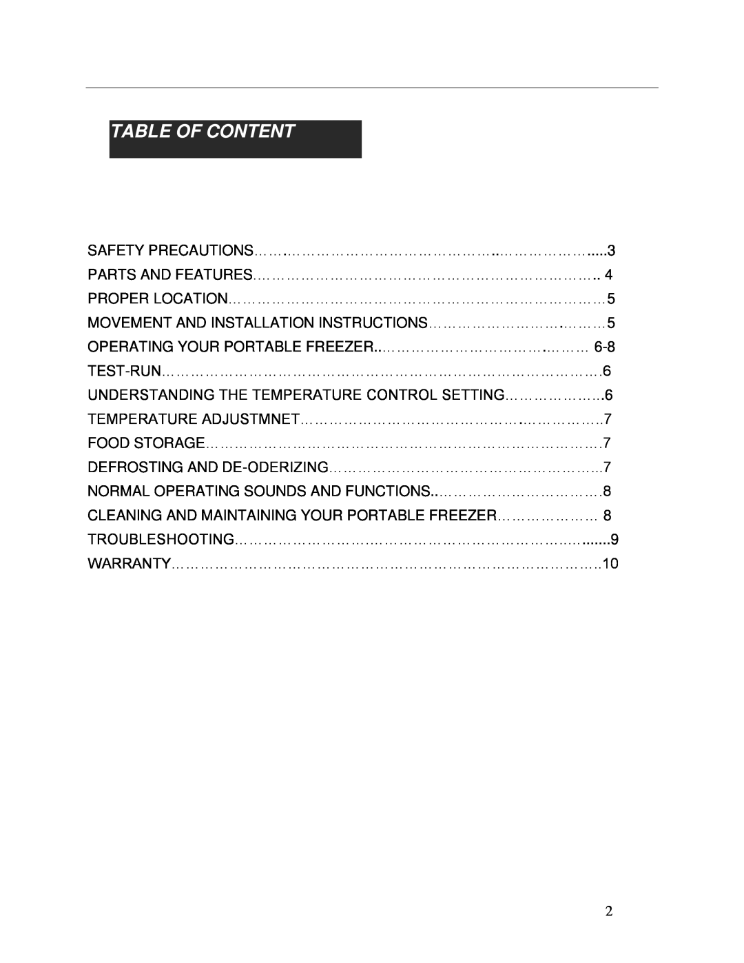Whynter FM-62DZ instruction manual Table Of Content 