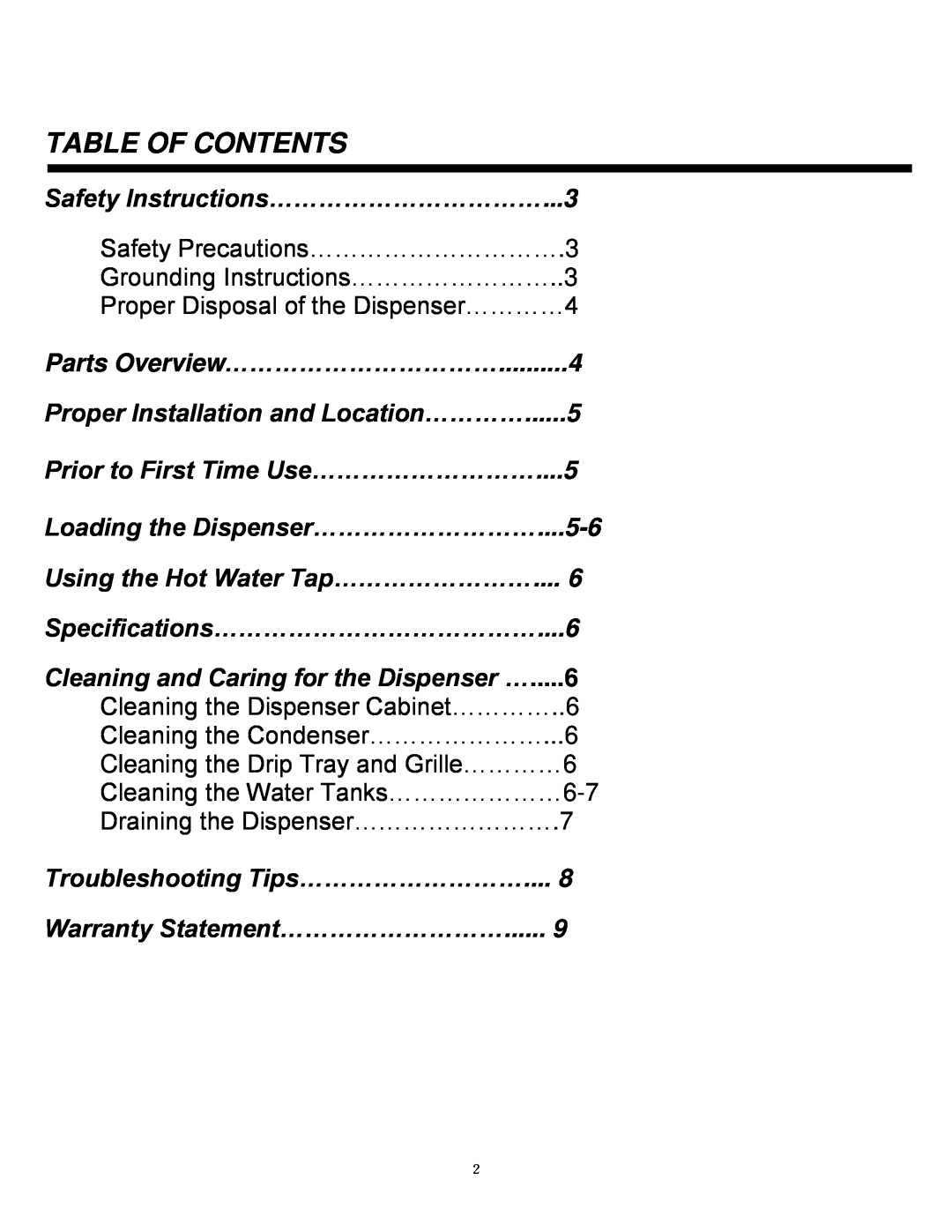 Whynter FX-7SB/W instruction manual Table Of Contents 