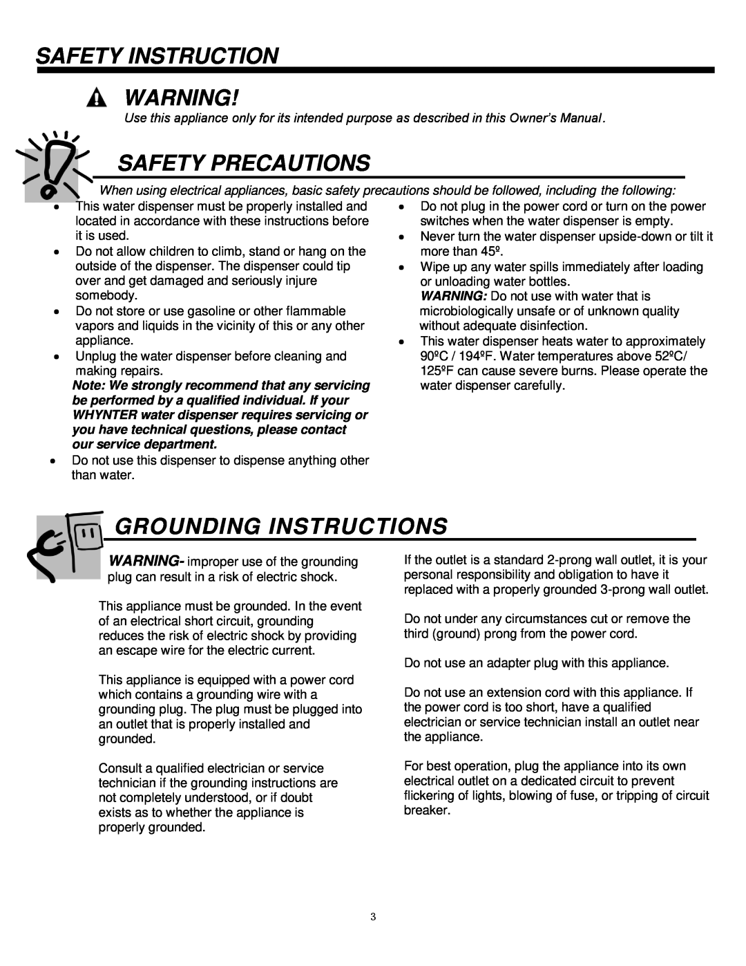 Whynter FX-7SB/W instruction manual Safety Instruction, Safety Precautions, Grounding Instructions, our service department 