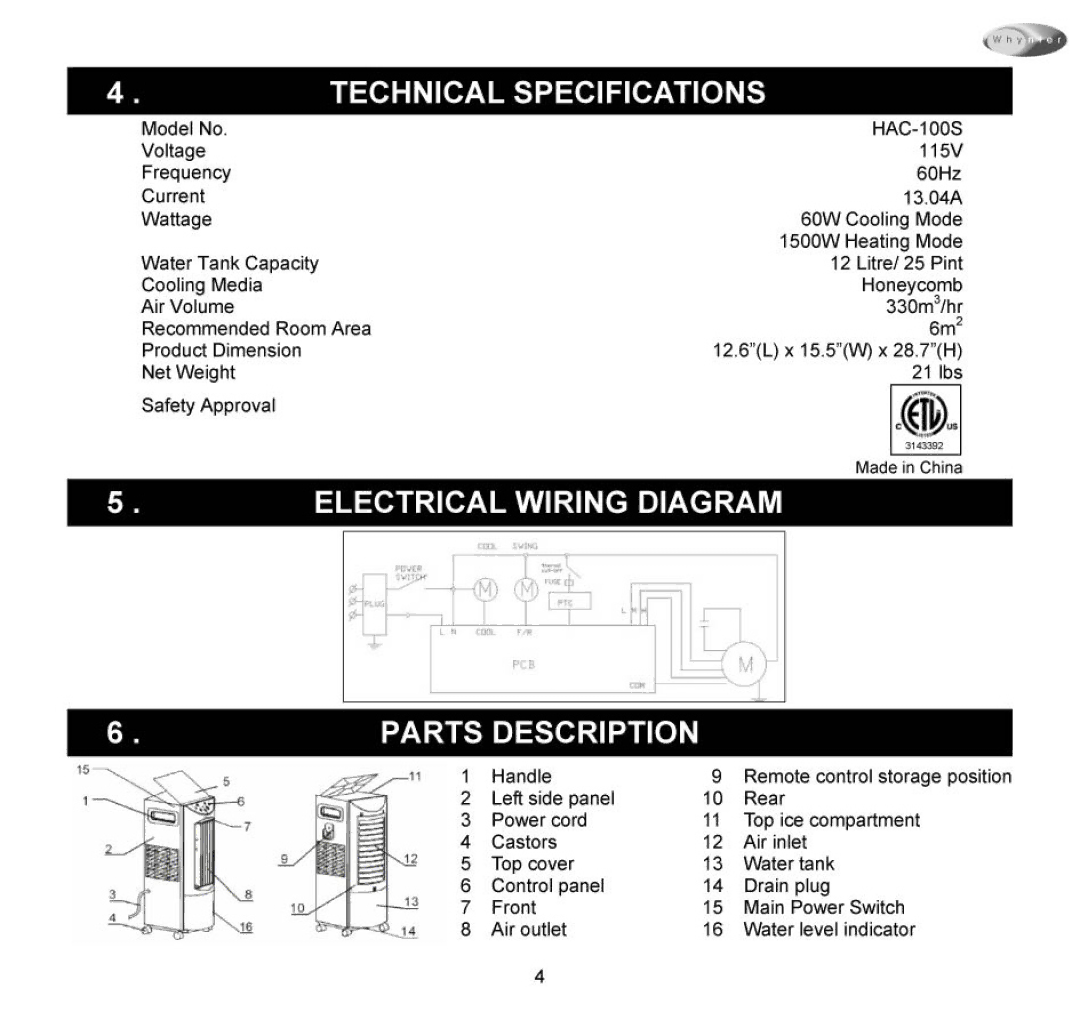 Whynter HAC-100S manual 