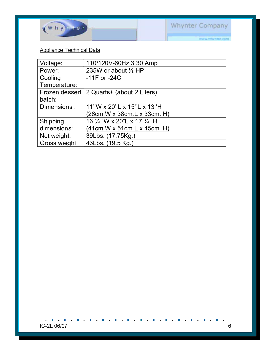 Whynter IC-2L instruction manual Appliance Technical Data 