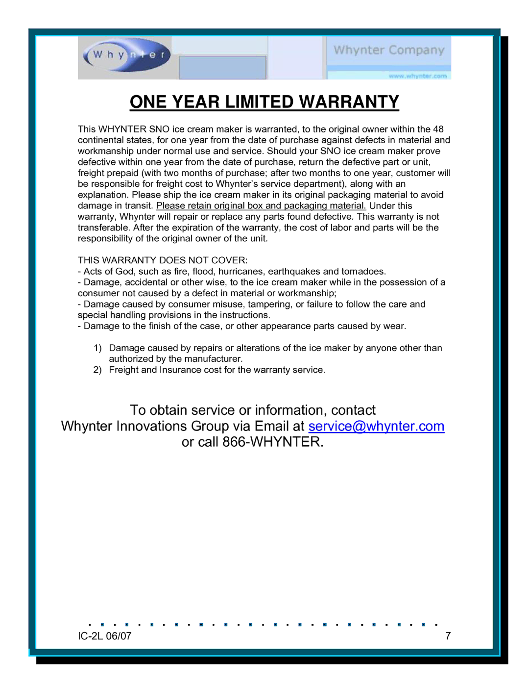 Whynter IC-2L instruction manual ONE Year Limited Warranty 