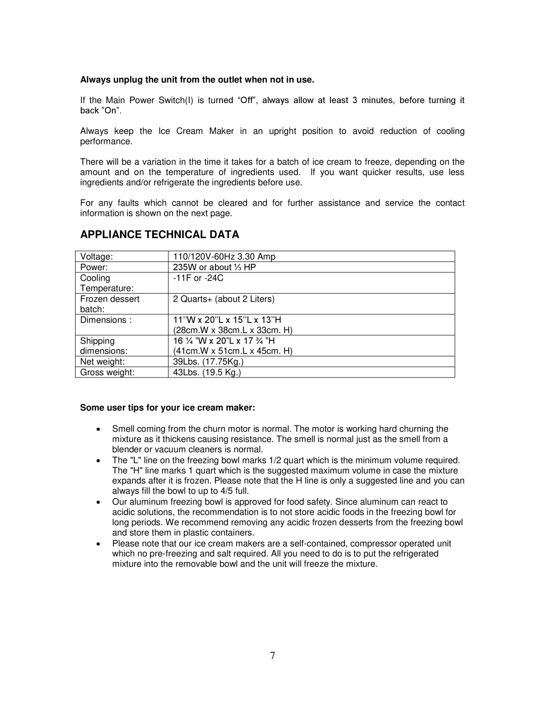 Whynter IC-2L instruction manual Appliance Technical Data, Always unplug the unit from the outlet when not in use 