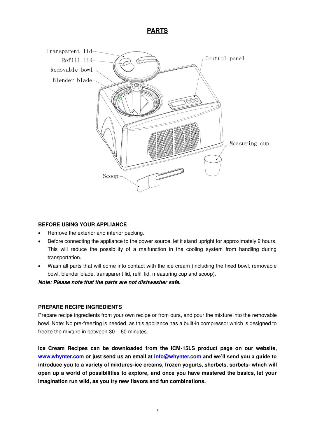 Whynter ICM-15LS instruction manual Parts, Before Using Your Appliance, Prepare Recipe Ingredients 