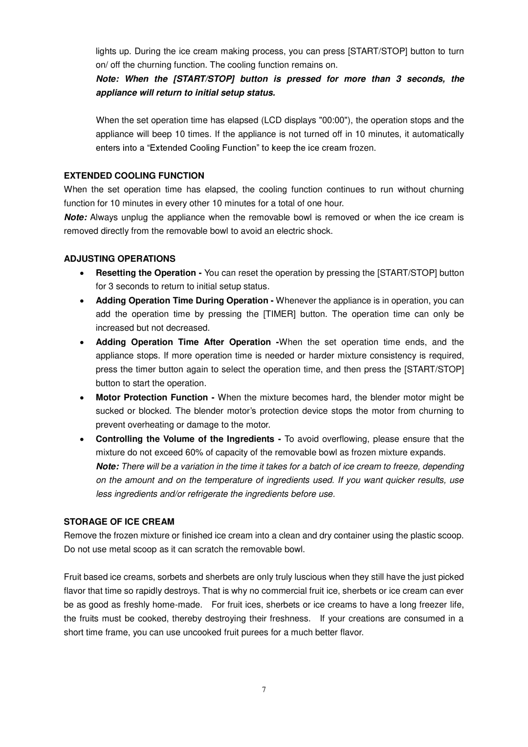 Whynter ICM-15LS instruction manual Extended Cooling Function, Adjusting Operations, Storage of ICE Cream 