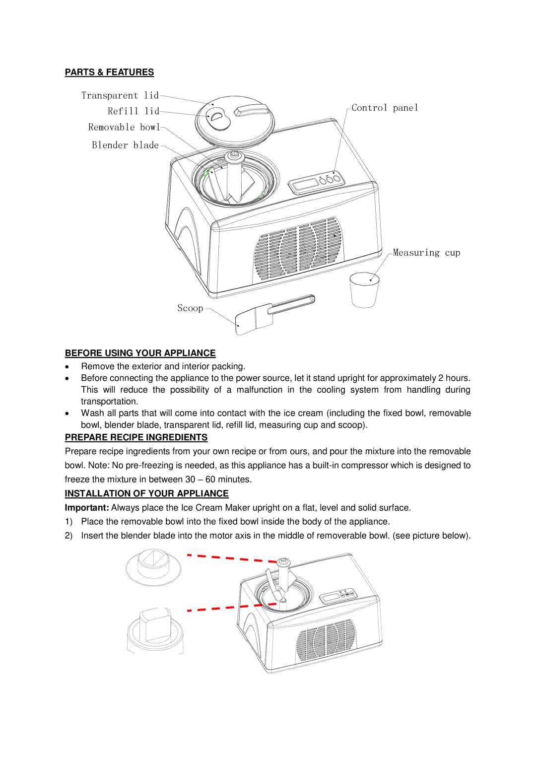 Whynter ICM-15LS Parts & Features, Before Using Your Appliance, Prepare Recipe Ingredients, Installation of Your Appliance 