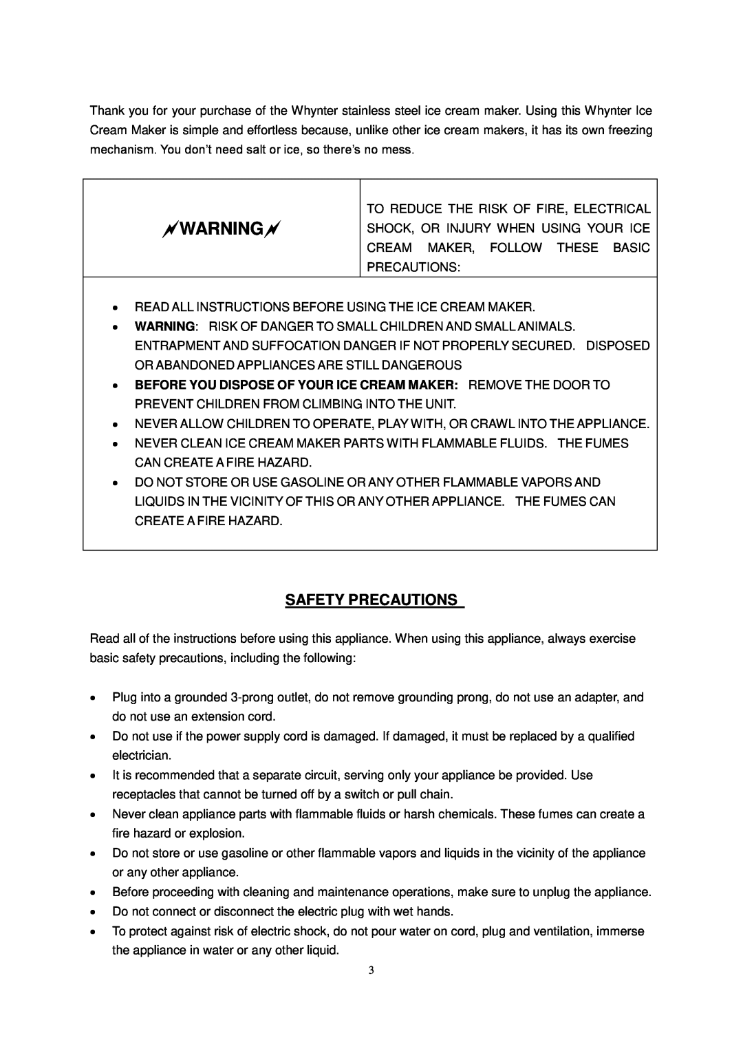 Whynter ICM-15LS instruction manual Warning, Safety Precautions 