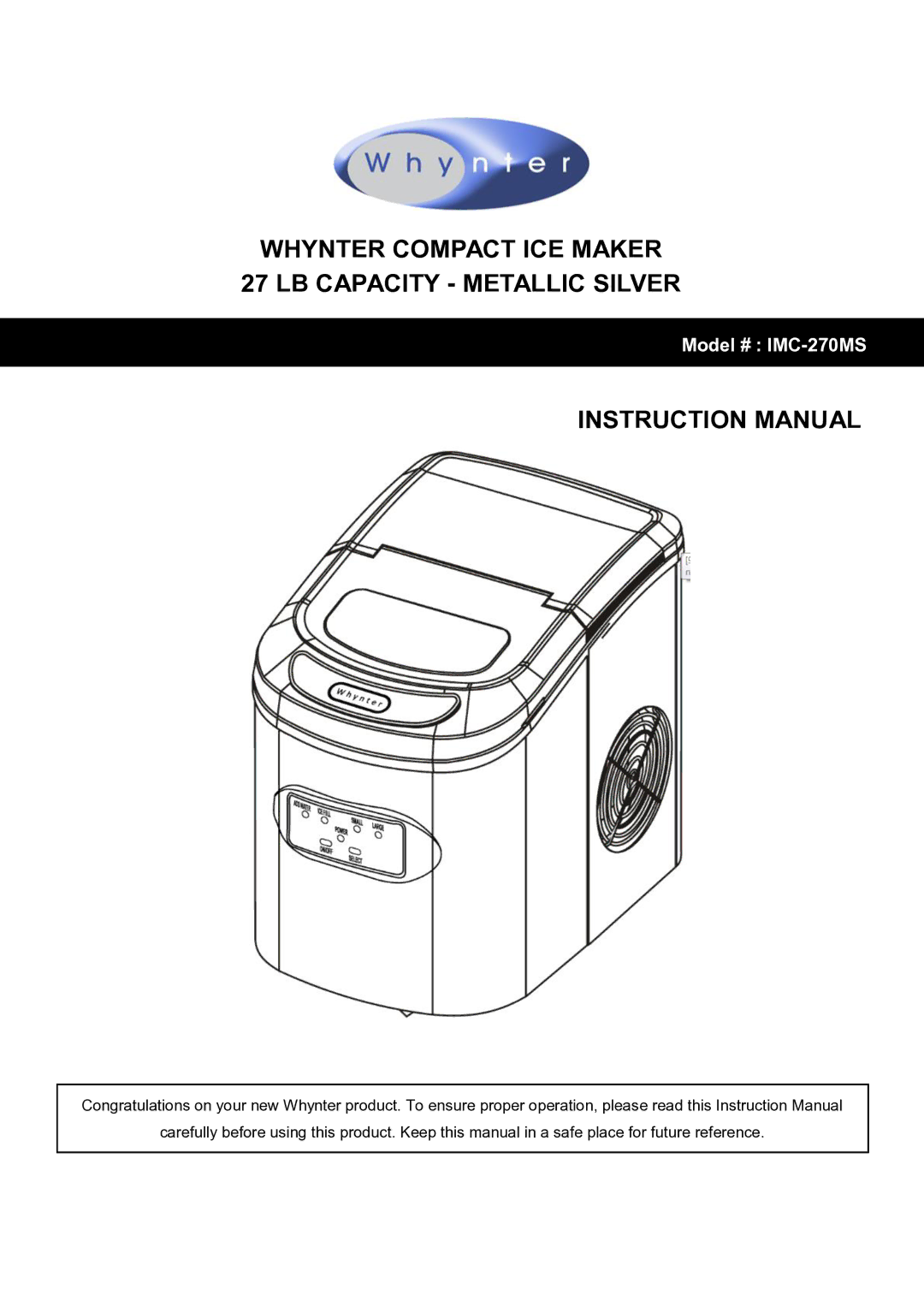 Whynter IMC-270MS instruction manual Whynter Compact ICE Maker 27 LB Capacity Metallic Silver 