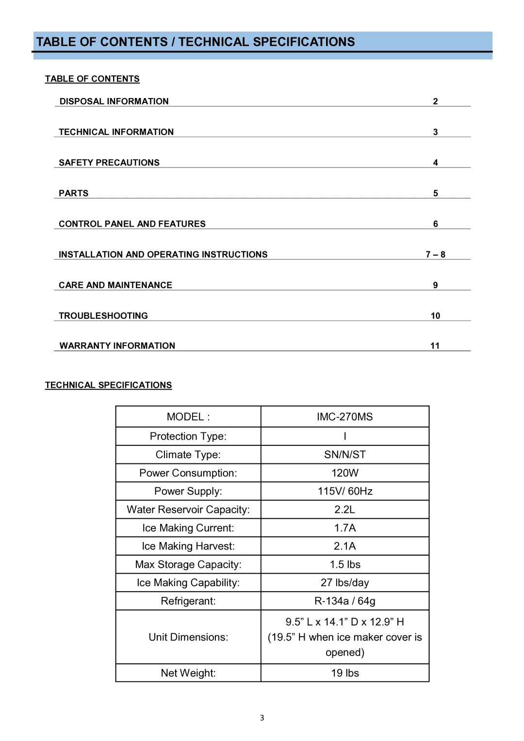 Whynter IMC-270MS instruction manual Table of Contents / Technical Specifications 