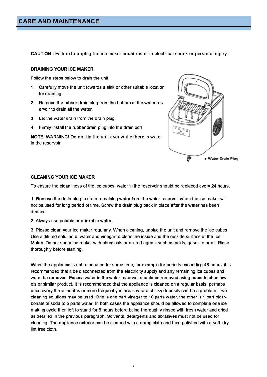 Whynter IMC-270MS instruction manual Care And Maintenance, Draining Your Ice Maker, Cleaning Your Ice Maker 