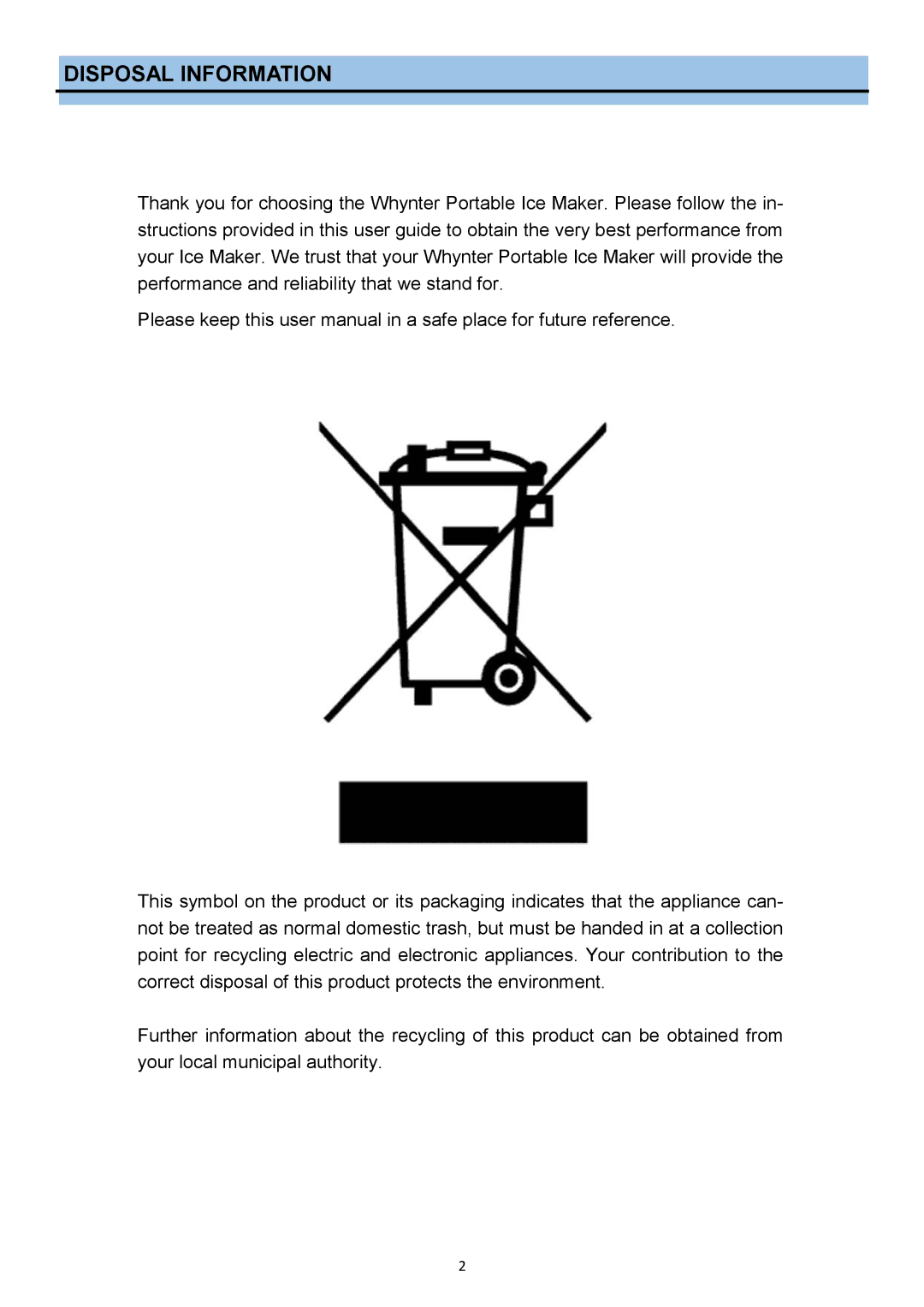 Whynter #:IMC490SS instruction manual Disposal Information 