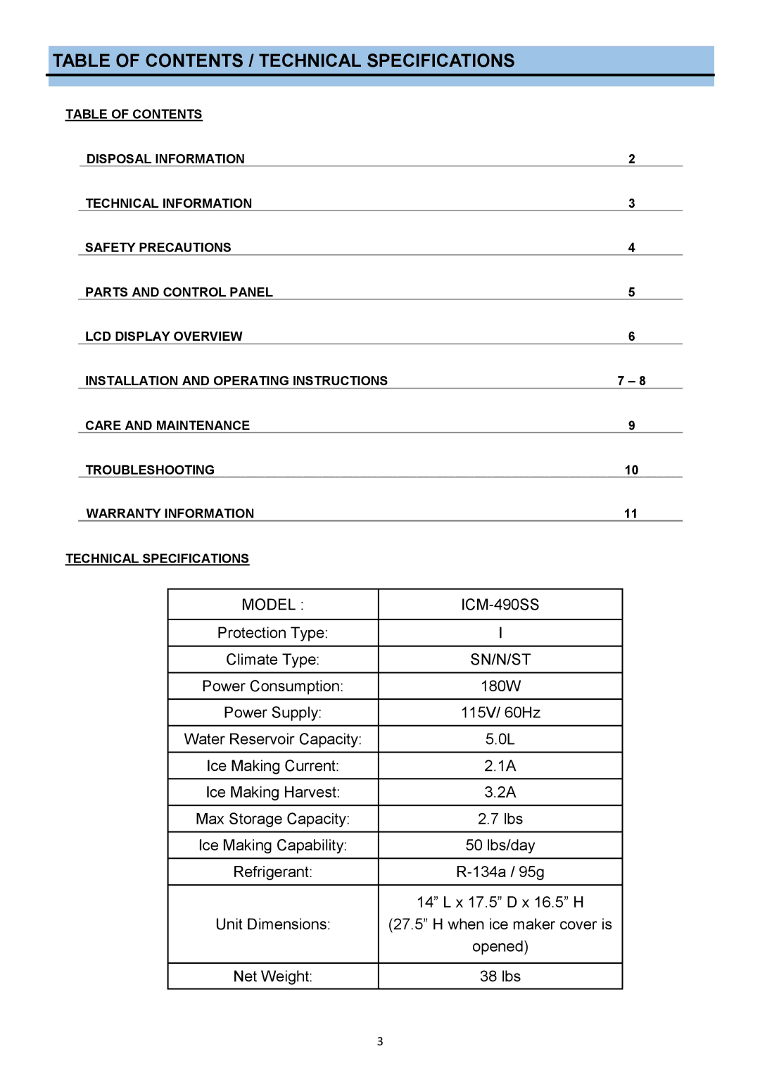 Whynter #:IMC490SS instruction manual Table of Contents / Technical Specifications 