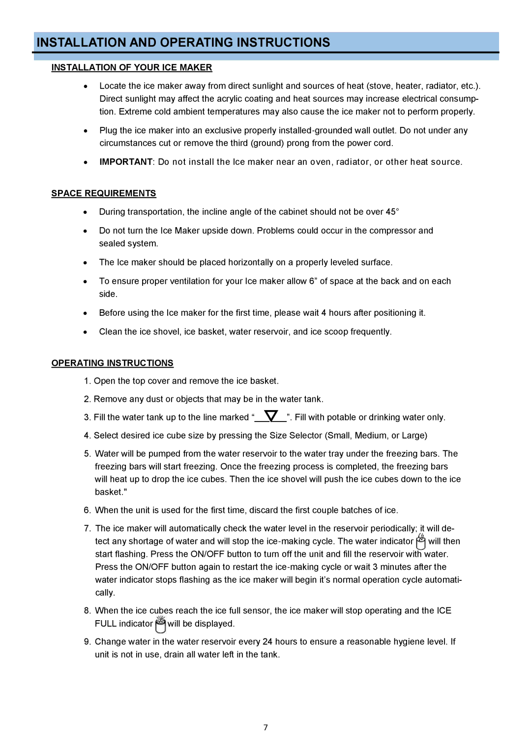 Whynter #:IMC490SS Installation and Operating Instructions, Installation of Your ICE Maker, Space Requirements 