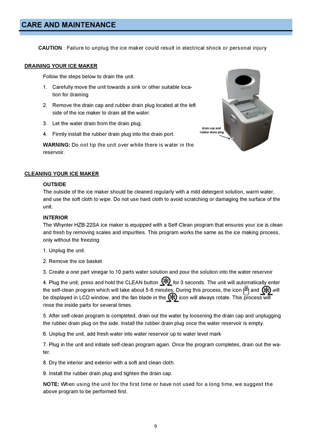 Whynter #:IMC490SS Care and Maintenance, Draining Your ICE Maker, Cleaning Your ICE Maker Outside, Interior 