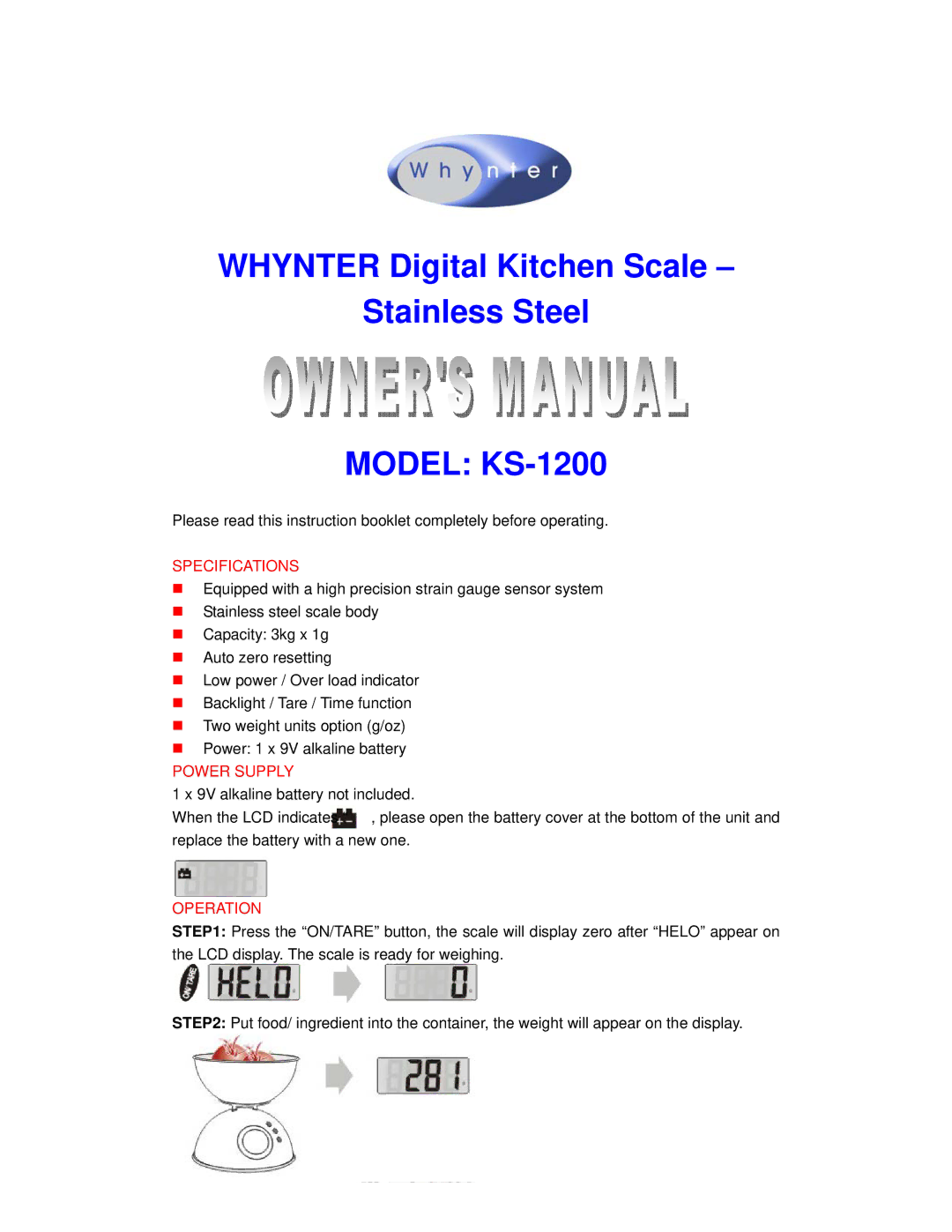 Whynter KS-1200 specifications Specifications, Power Supply, Operation 